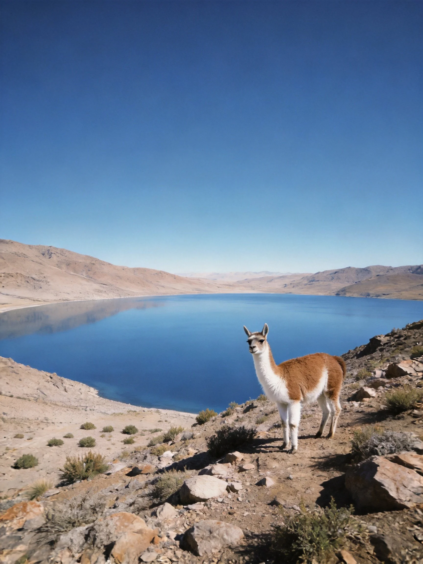 A brown-and-white llama stands near a large blue lake with arid hills