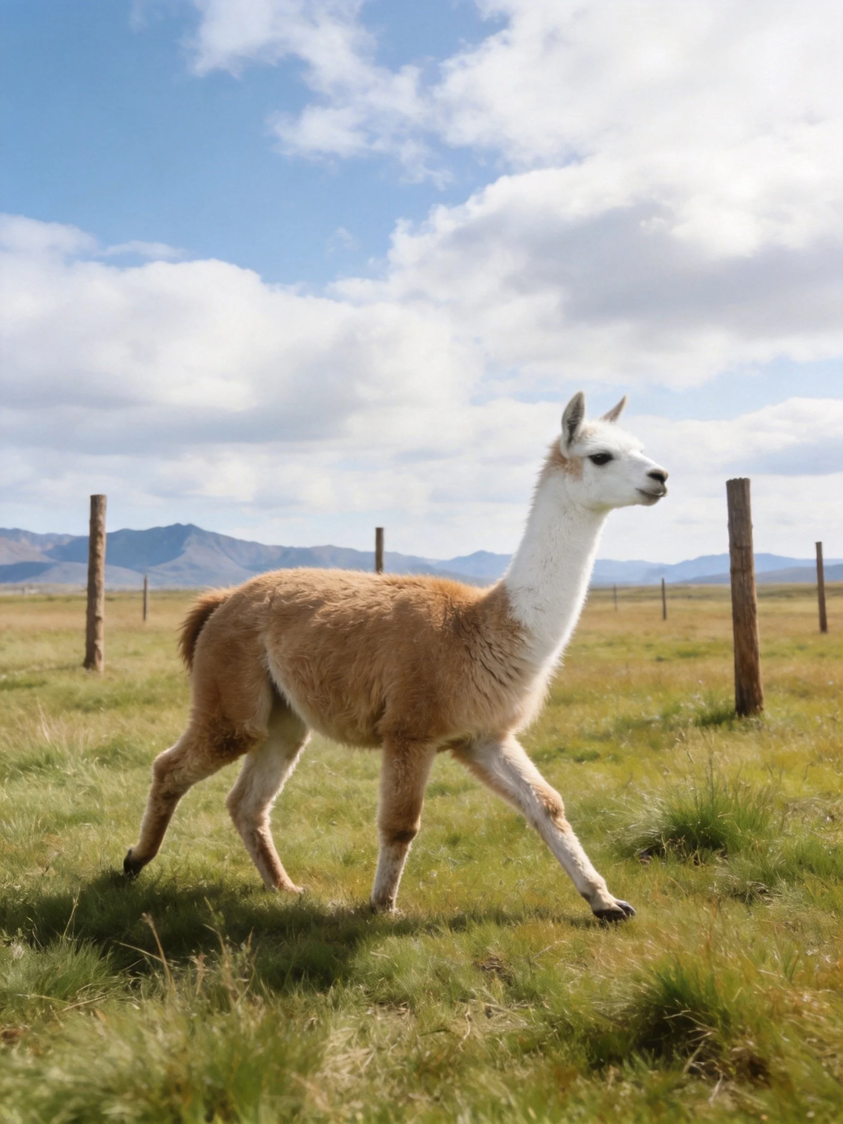 A brown and white llama walks through a grassy meadow with wooden posts