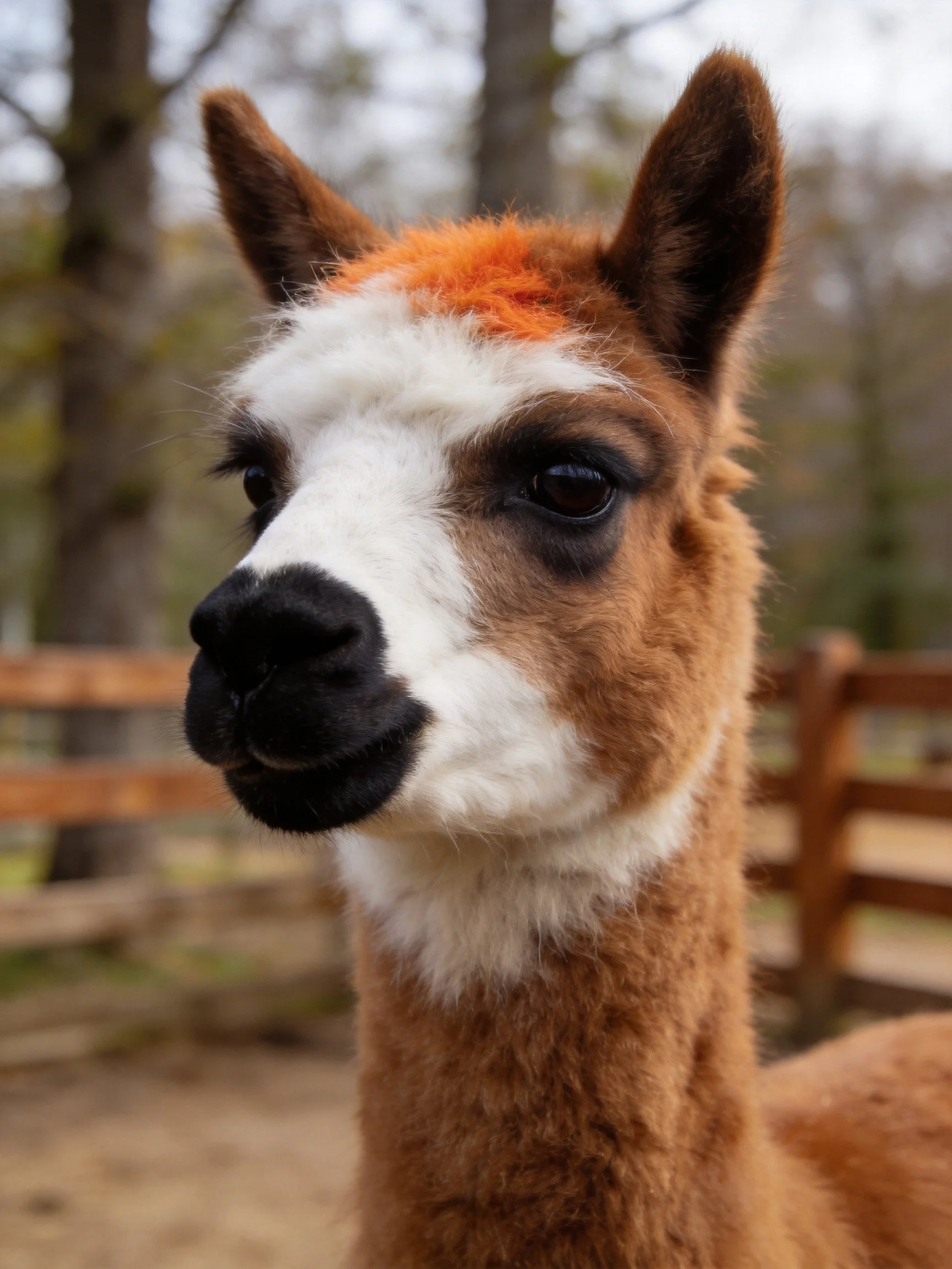 A brown and white llama with an orange patch near wooden fences