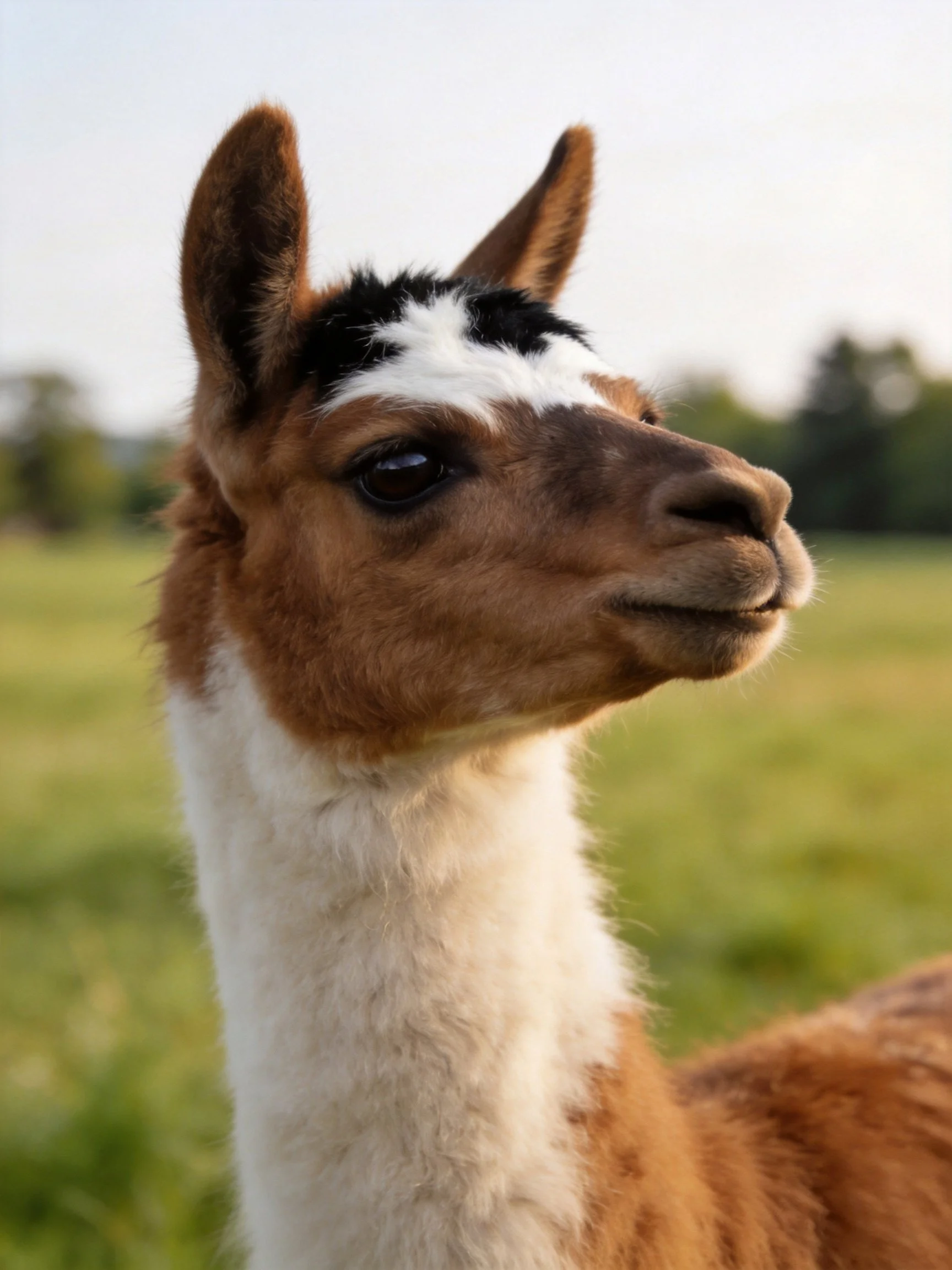 A brown and white llama with black facial markings in a sunlit meadow
