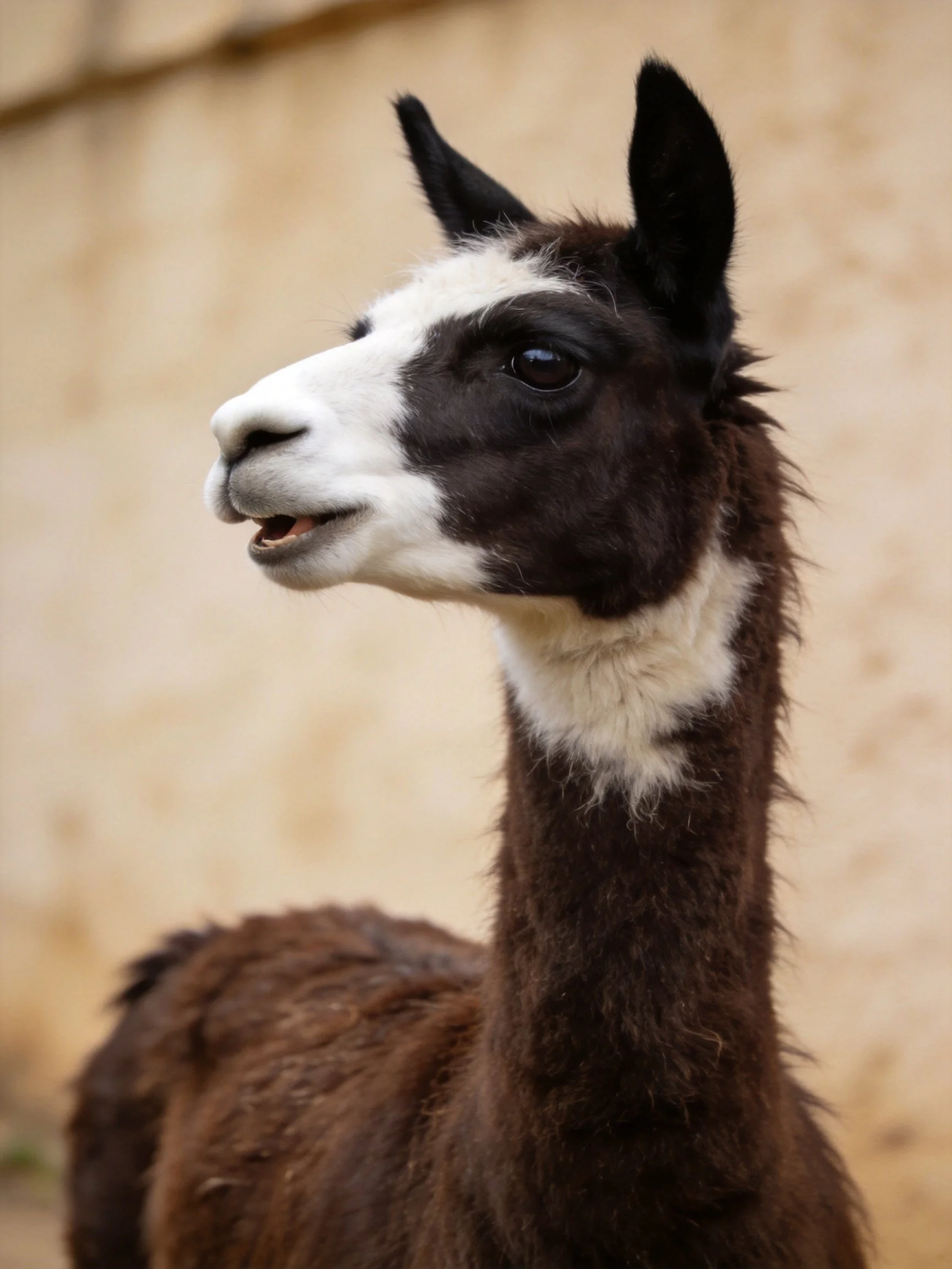 A brown and white llama with bold black and white facial patches