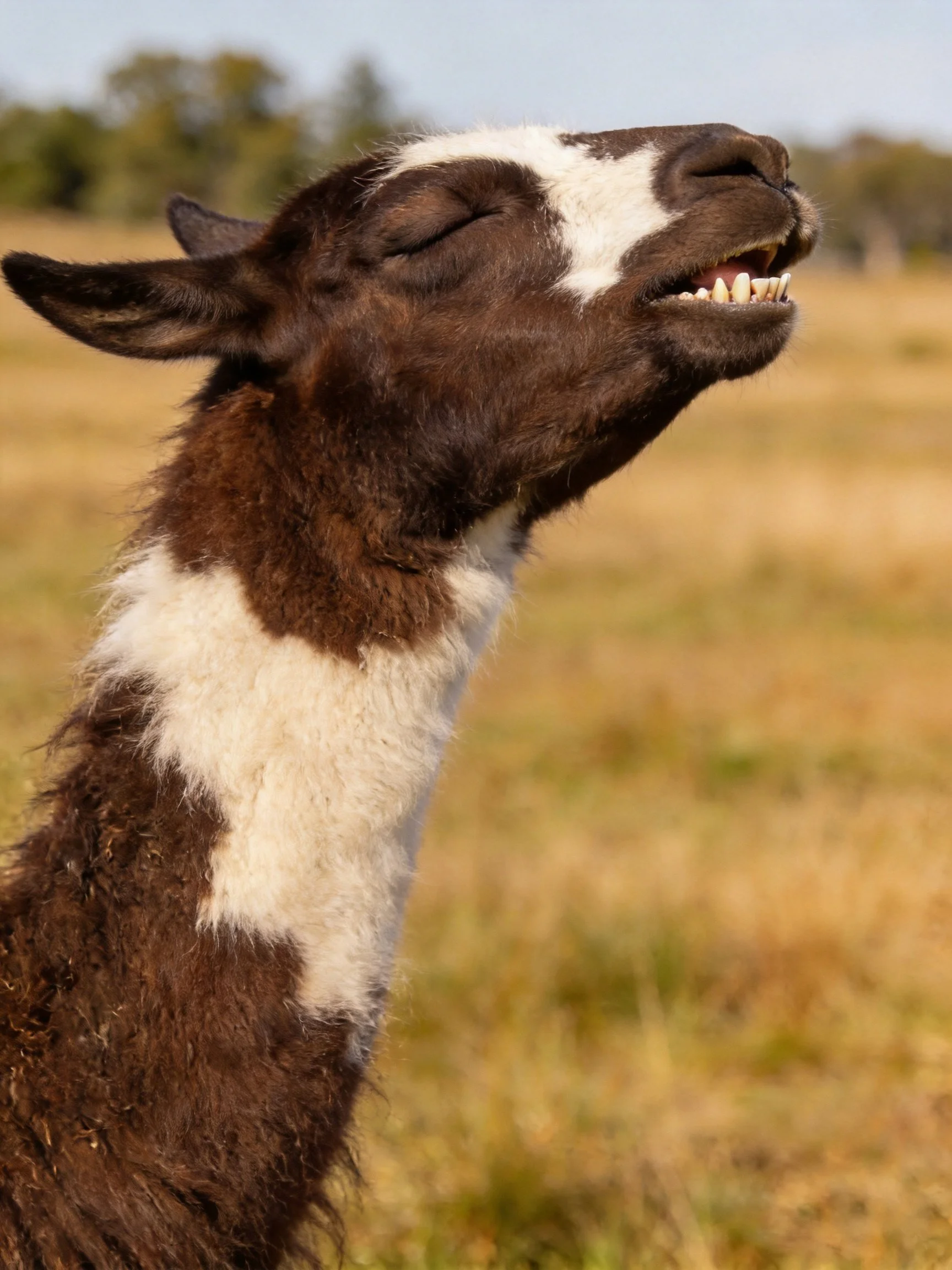 A brown and white llama with closed eyes in a sunlit open field