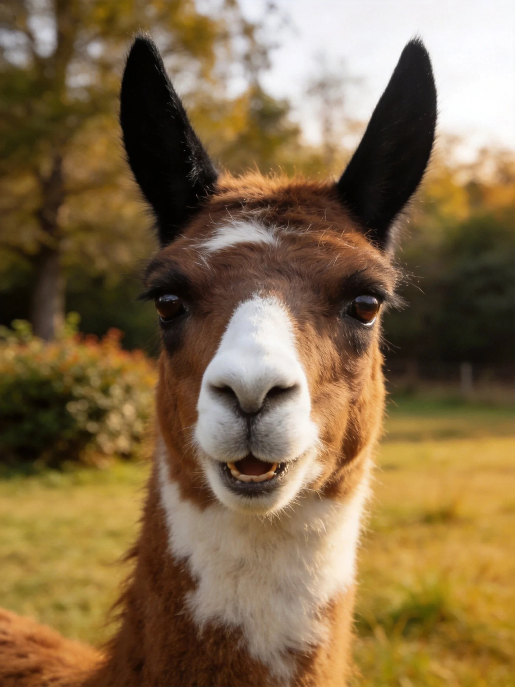 A brown and white llama with large black ears in a sunlit field