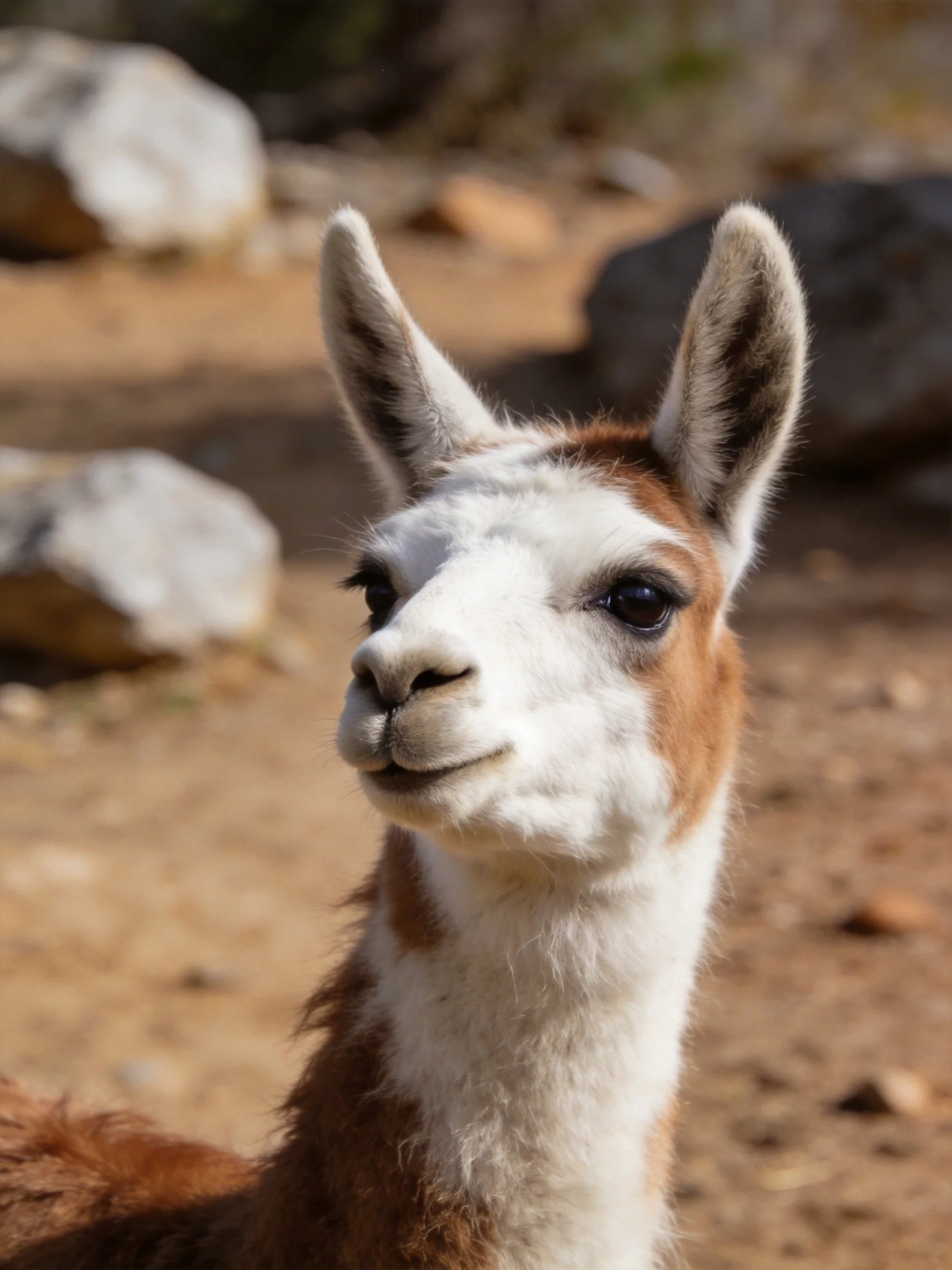 A brown and white llama with upright ears near rocks