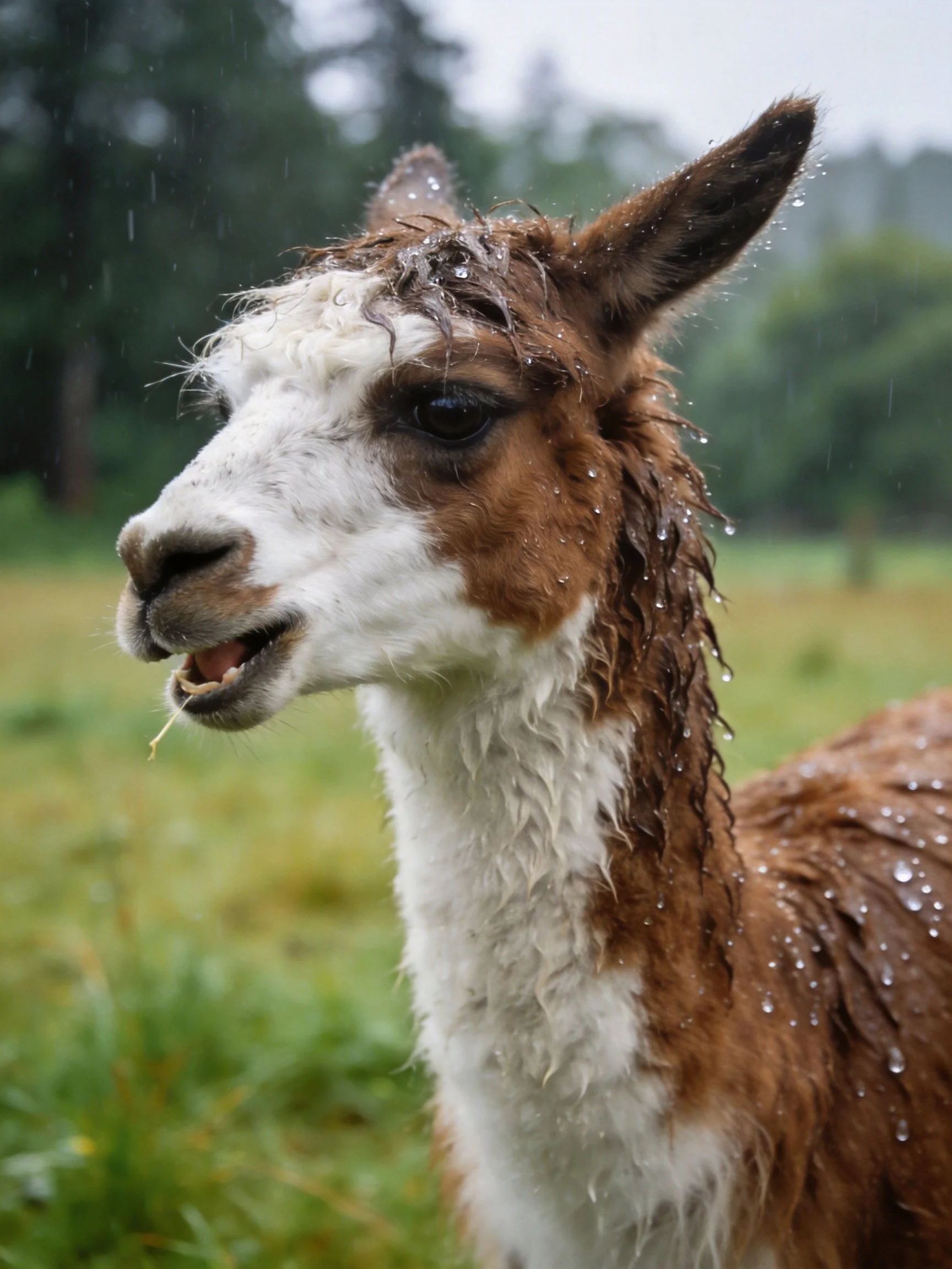 A brown and white llama with wet fur in a rainy field
