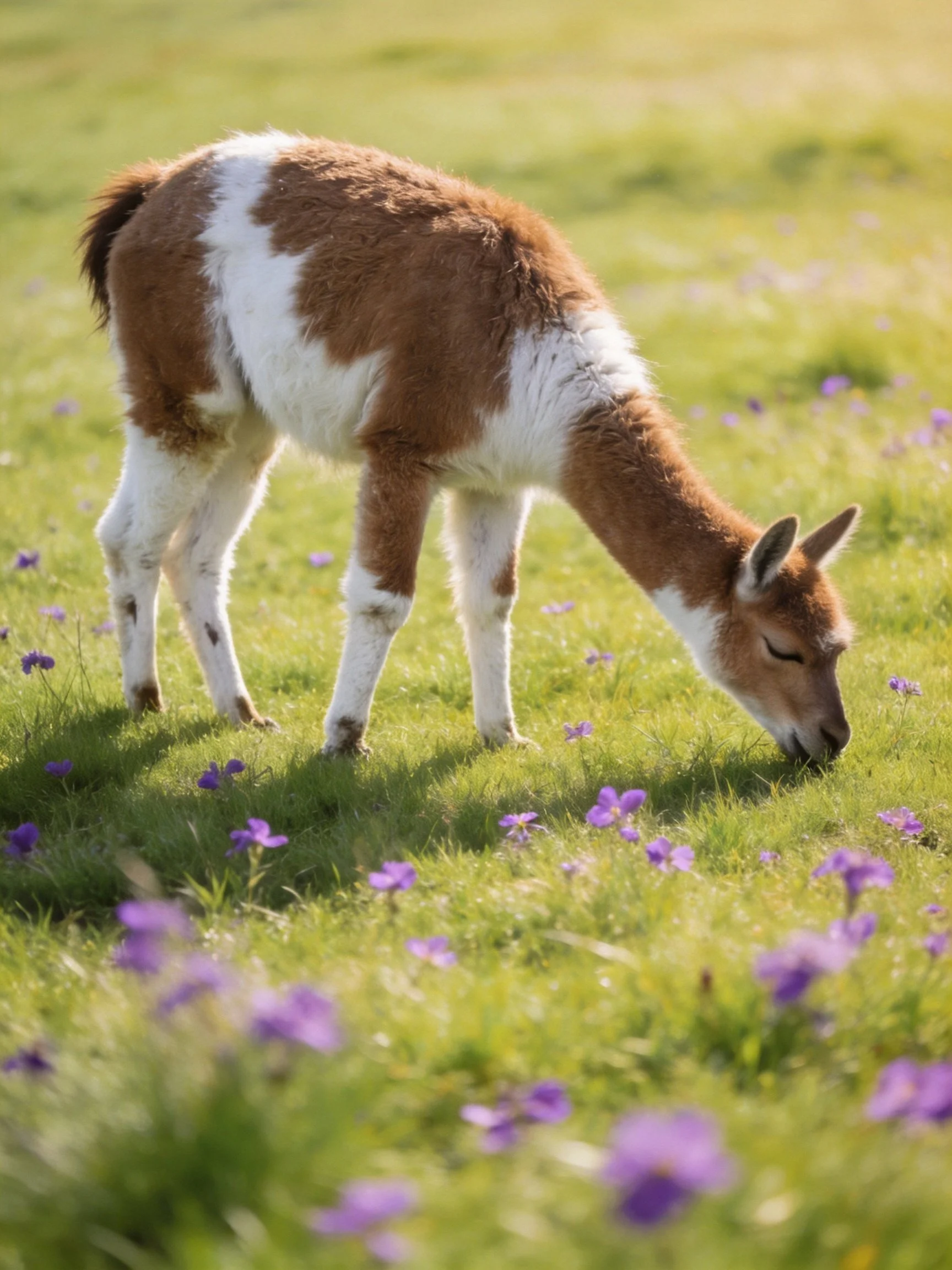 A brown and white young animal grazing in a flower-filled green meadow