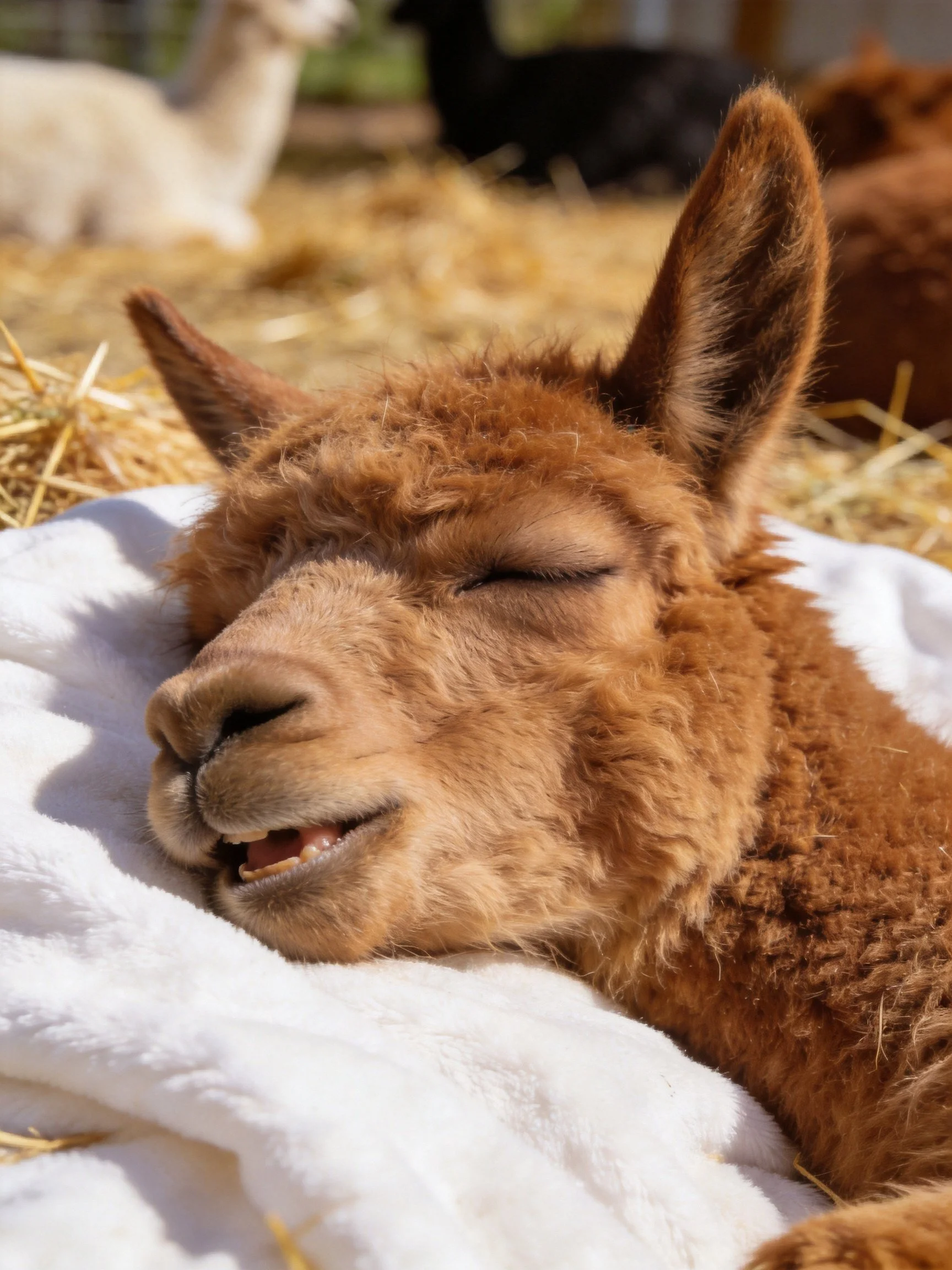 A brown baby alpaca rests on a white towel amid golden straw