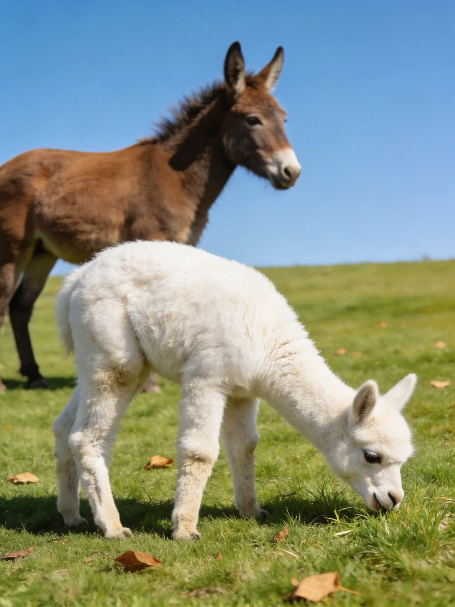 A brown donkey stands beside a fluffy white baby alpaca on green grass