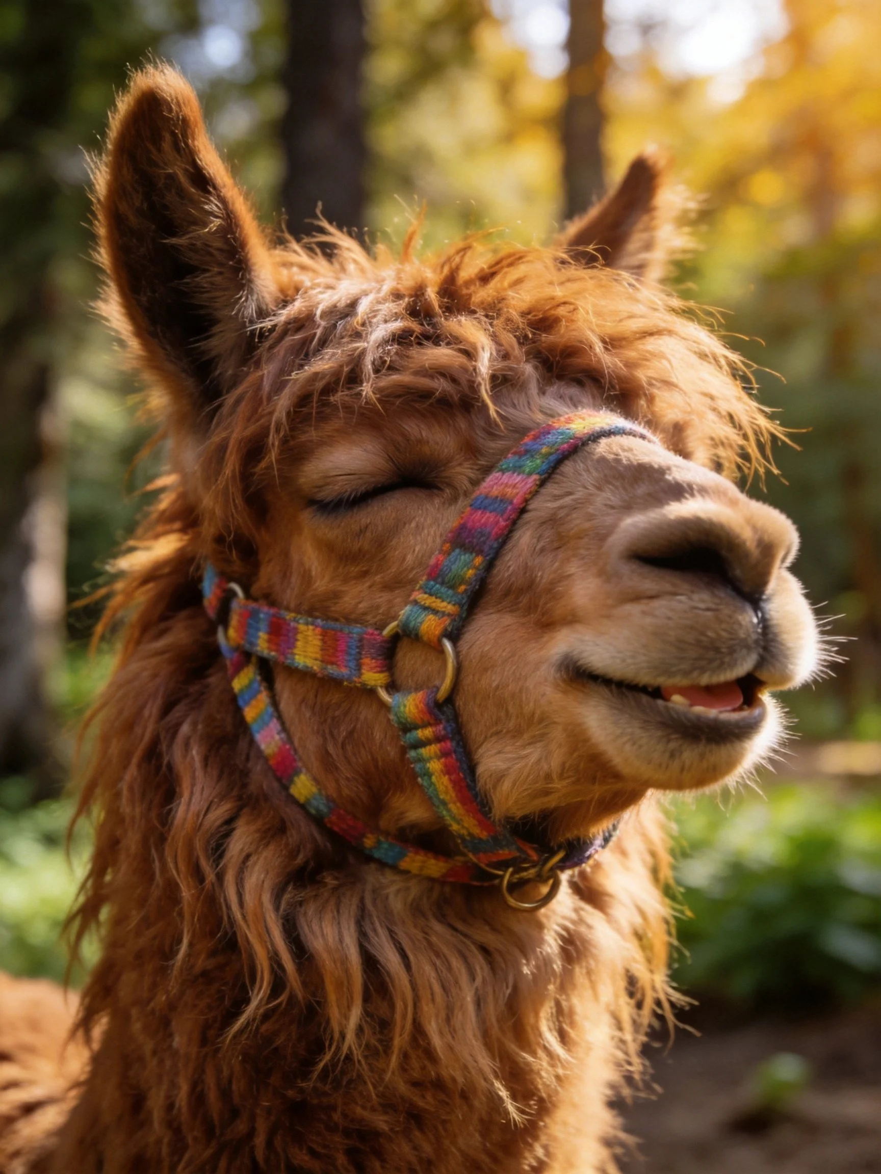 A brown-furred llama with a colorful striped halter in a sunlit forest