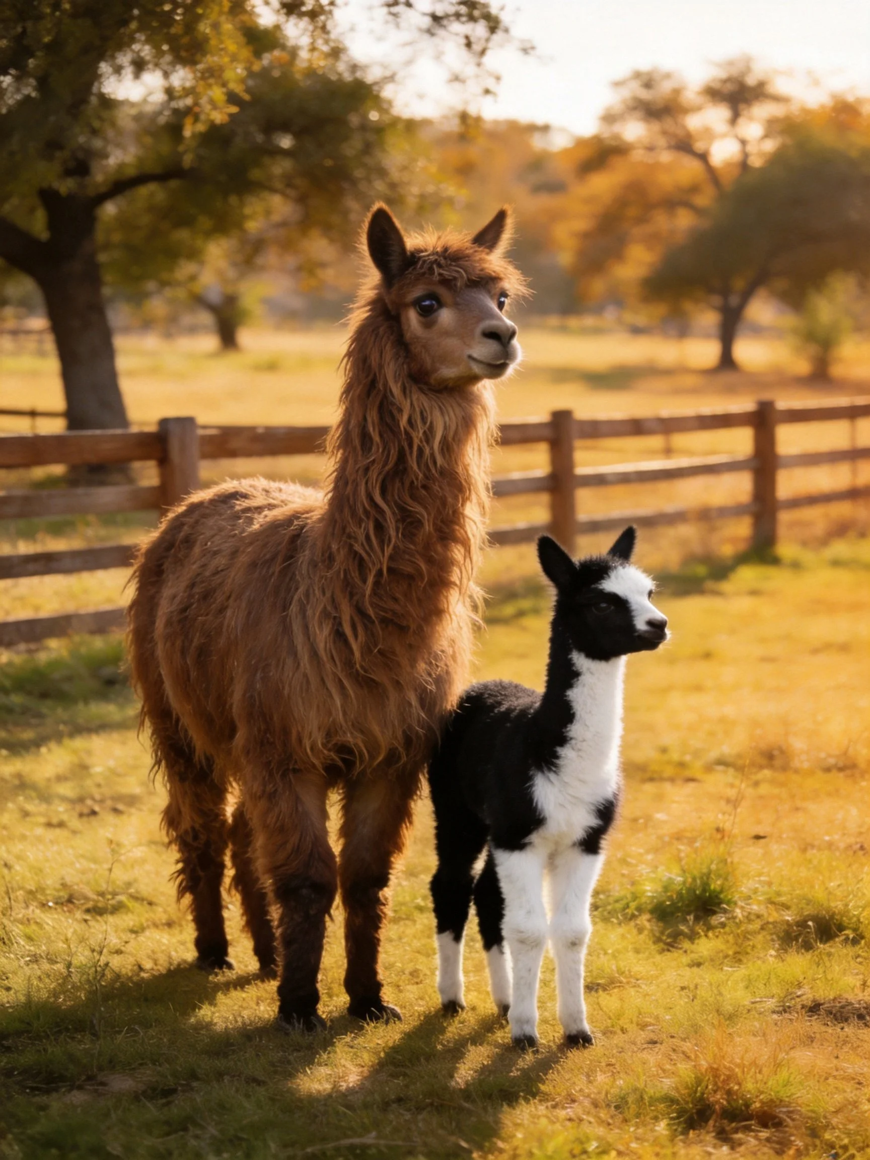 A brown llama stands beside a black-and-white baby animal in a fenced pasture