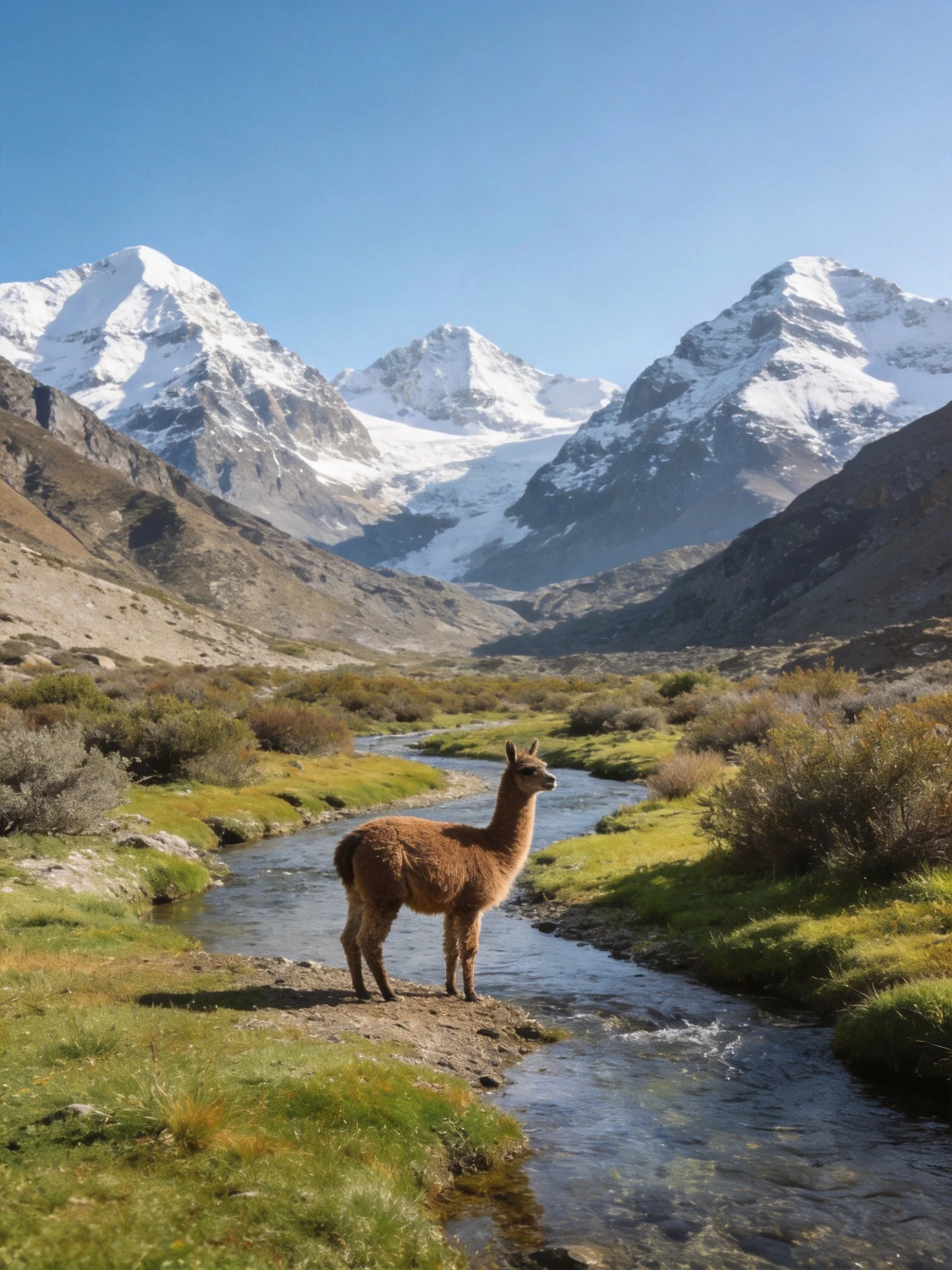 A brown llama stands by a clear stream with snow-capped mountains