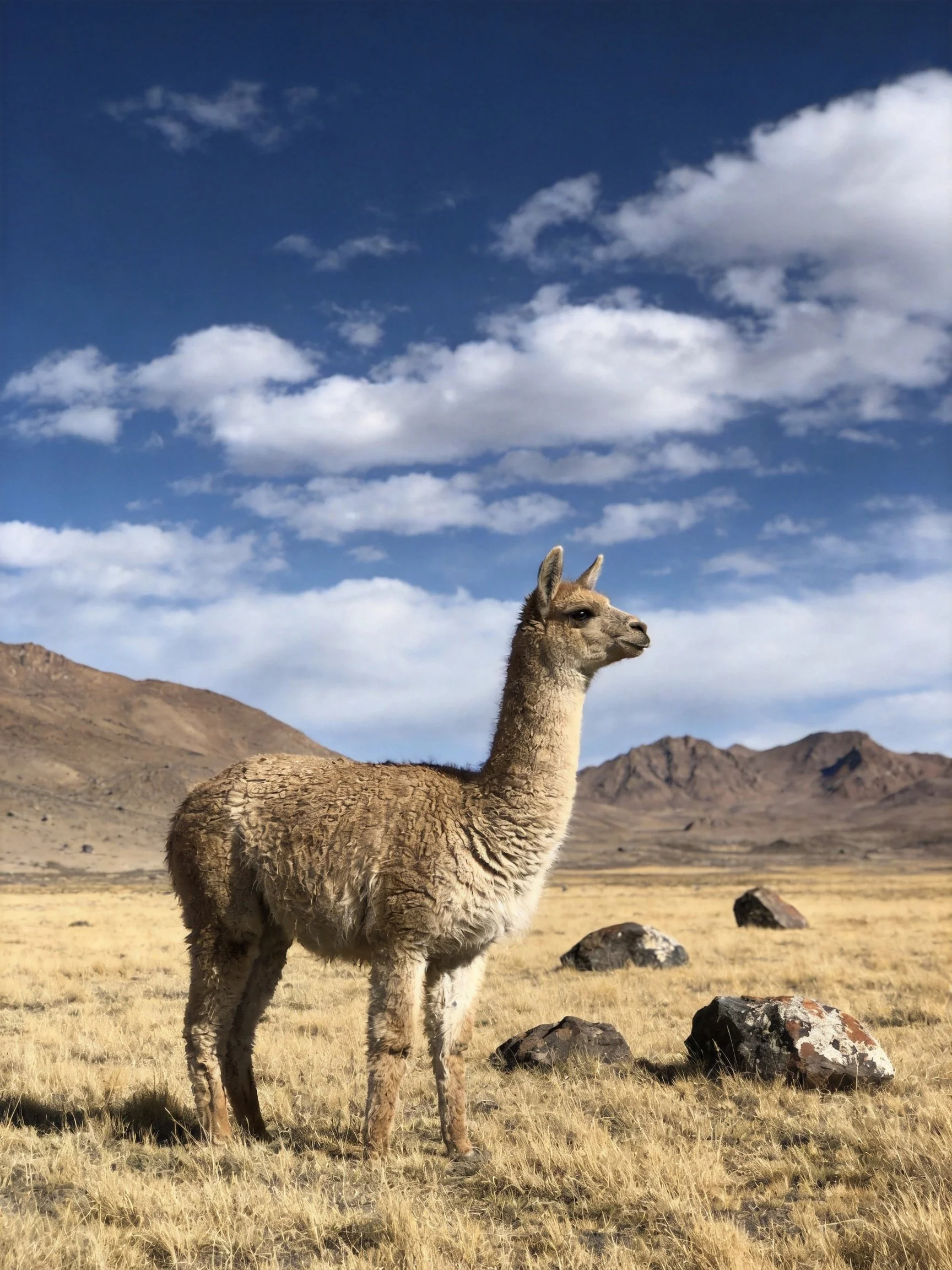 A brown llama stands in a vast, rocky field with distant mountains