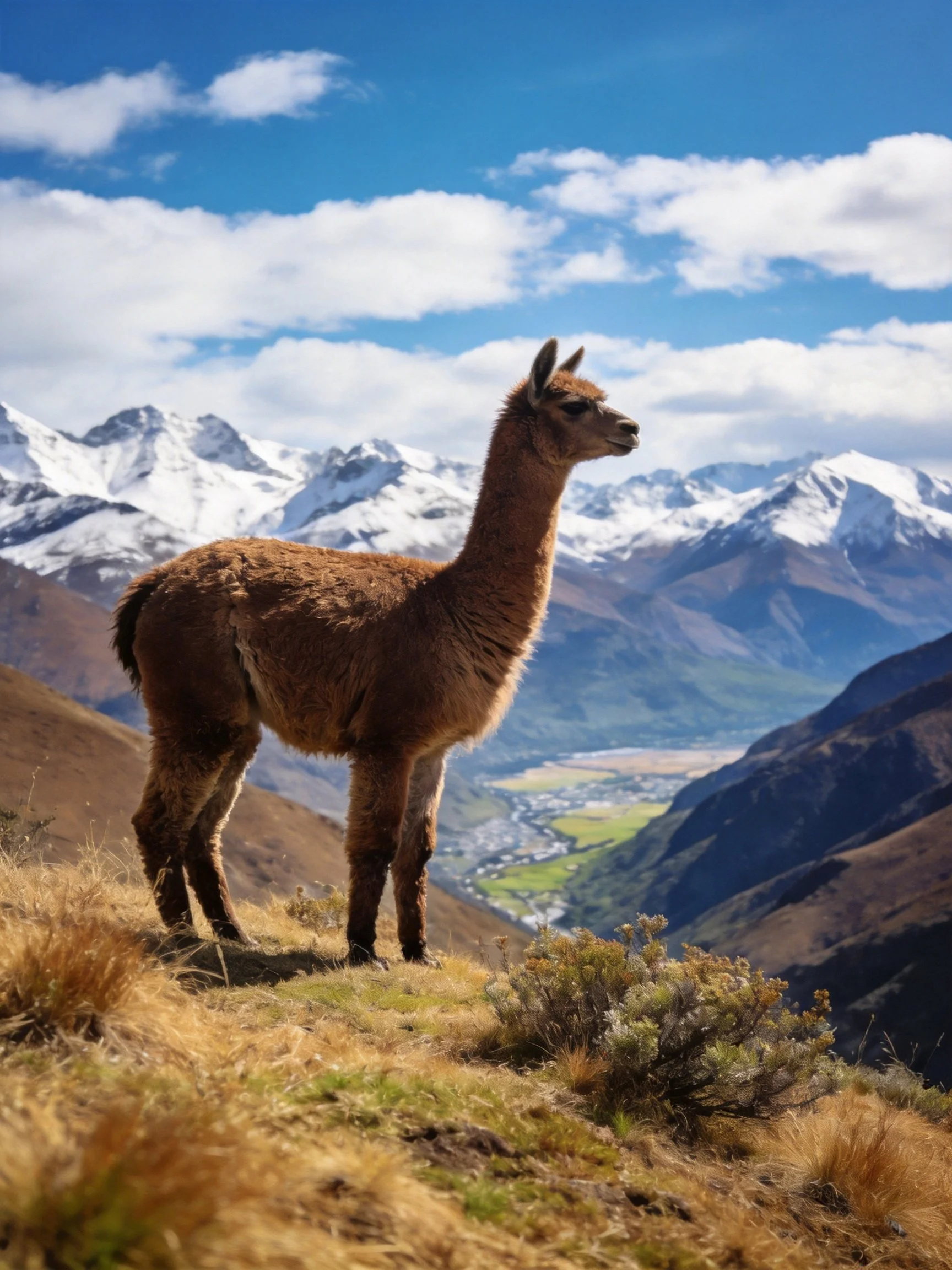 A brown llama stands on a grassy hill with snow-capped mountains behind