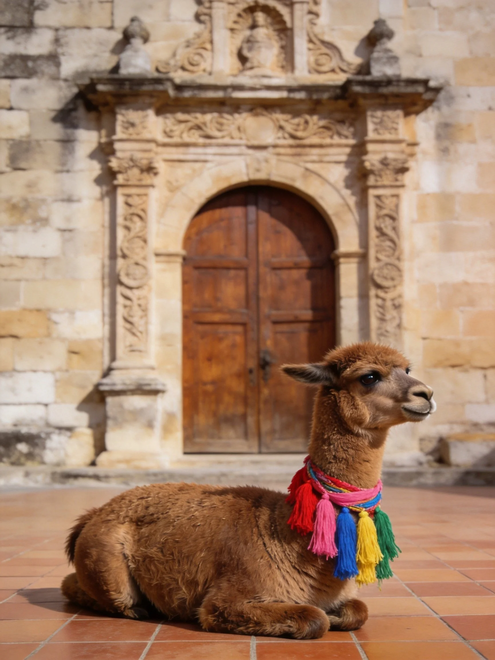 A brown llama with colorful tassels rests near an ornate stone church entrance.