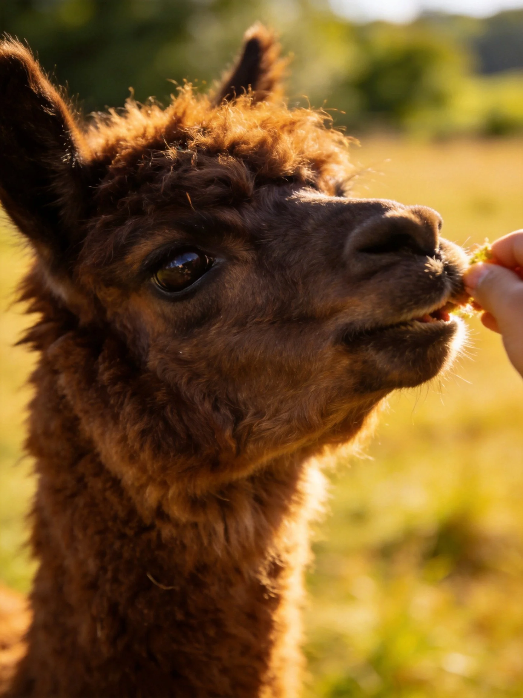 A close - up of a brown alpaca eating from a human hand in a sunny field