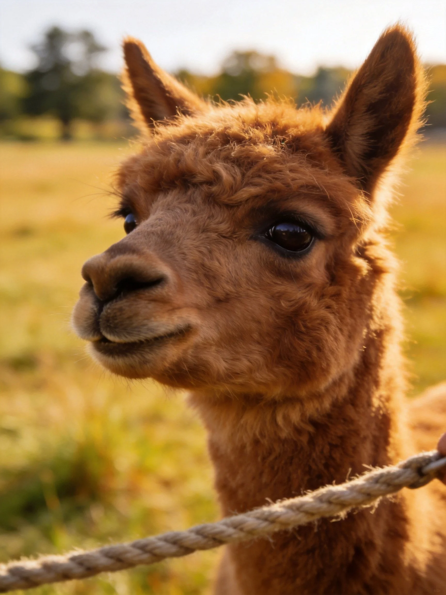 A close - up of a brown alpaca near a rope fence in a golden field