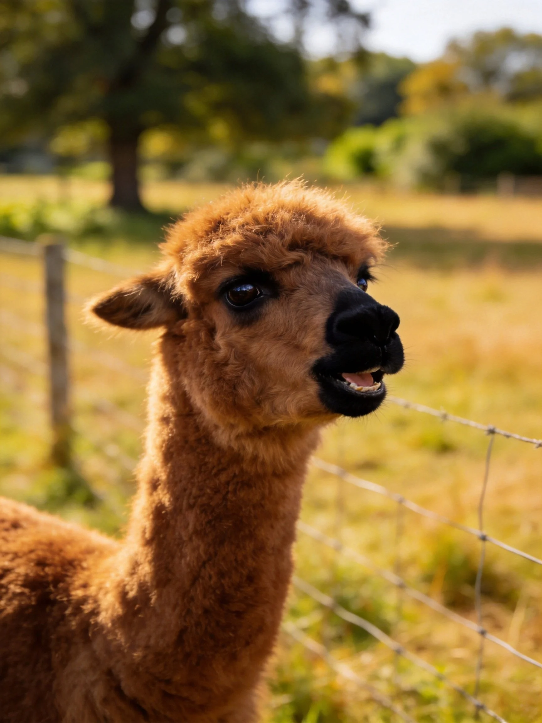 A close - up of a brown alpaca near a wire fence in a sunlit pasture