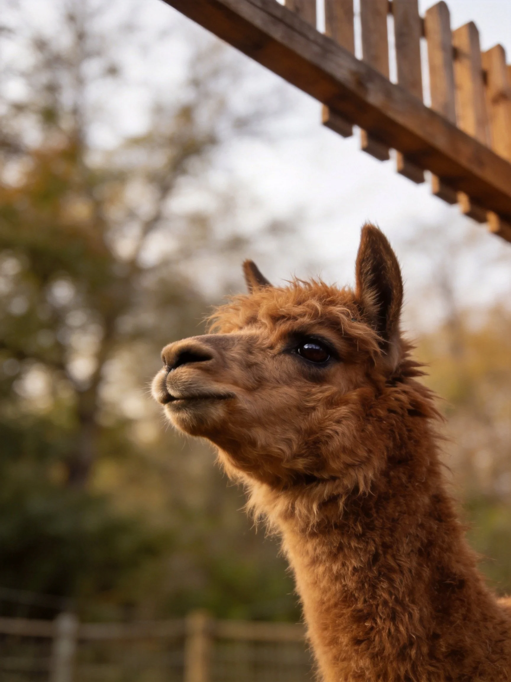 A close - up of a brown alpaca near a wooden fence structure