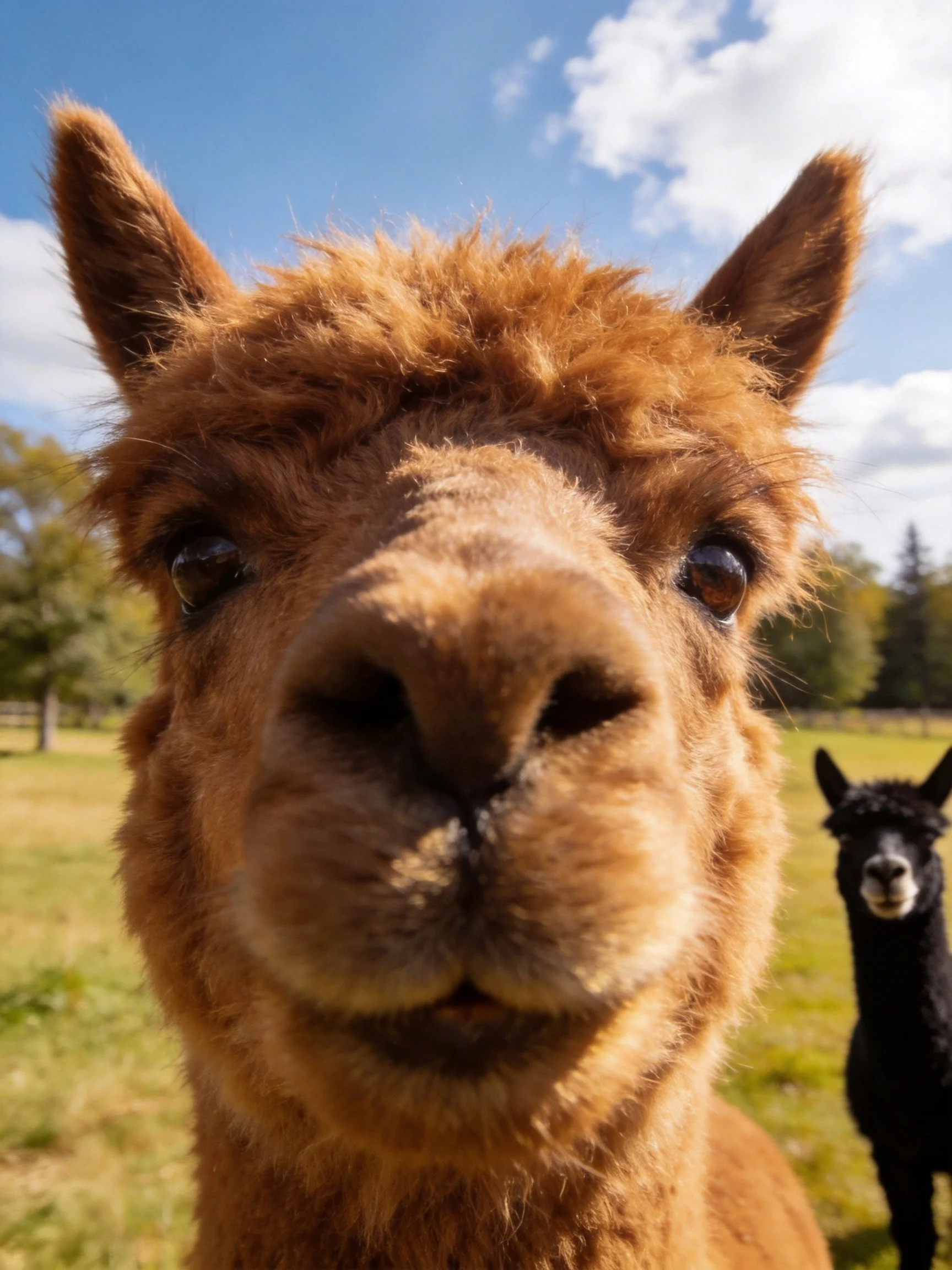 A brown alpaca is shown up close with a black alpaca in the background.