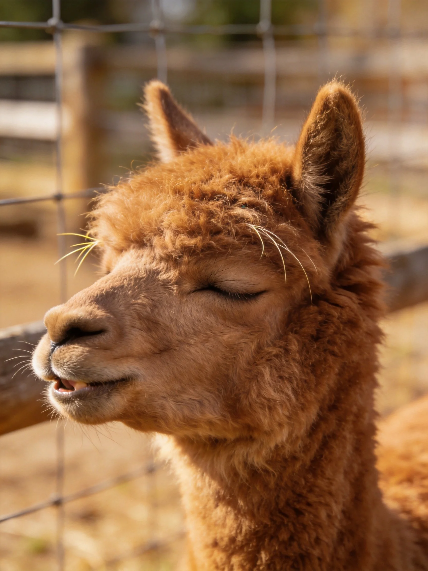 A close - up of a brown alpaca with closed eyes near a wire fence