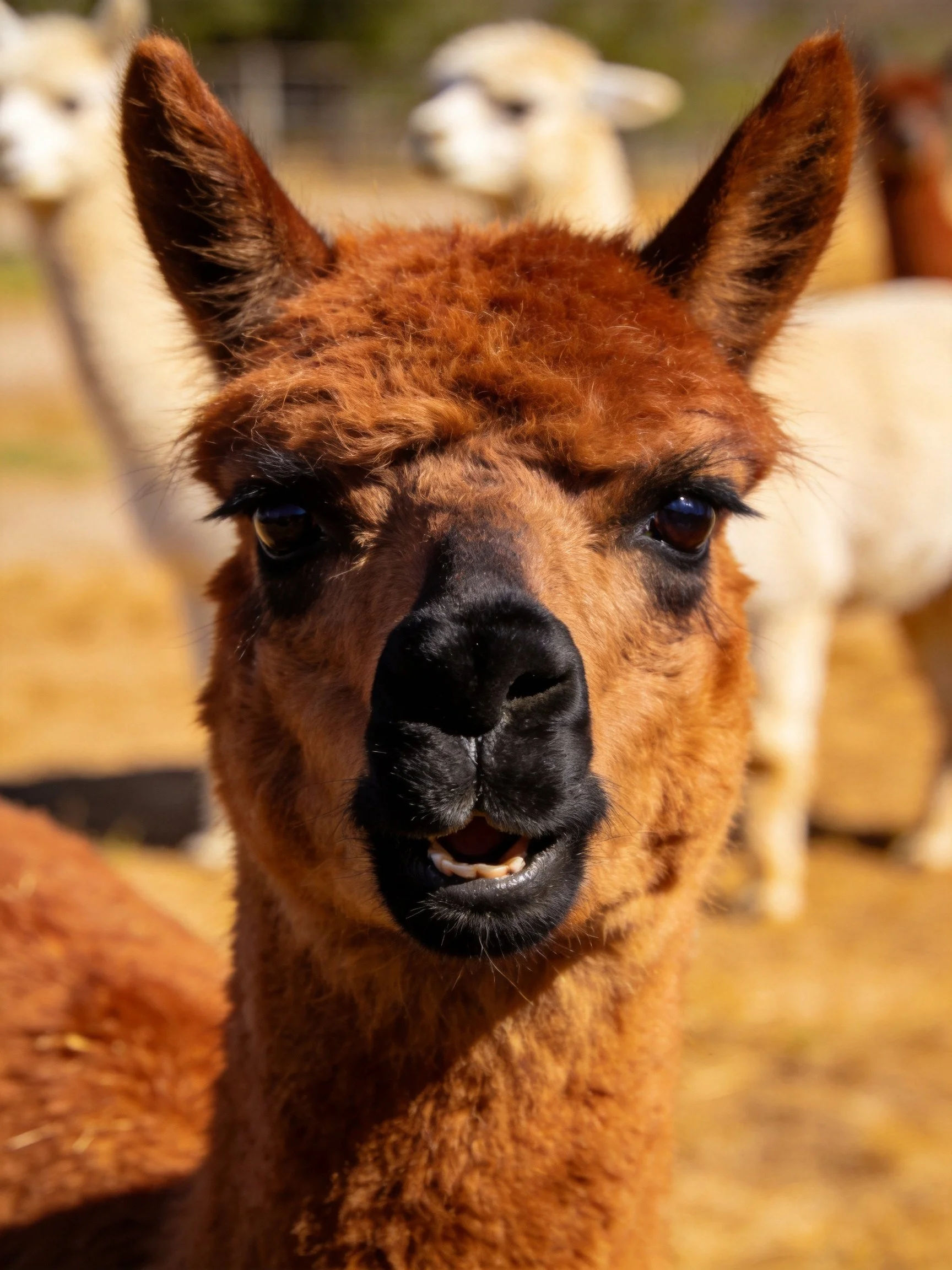 A close - up of a brown alpaca with white and tan alpacas in the background