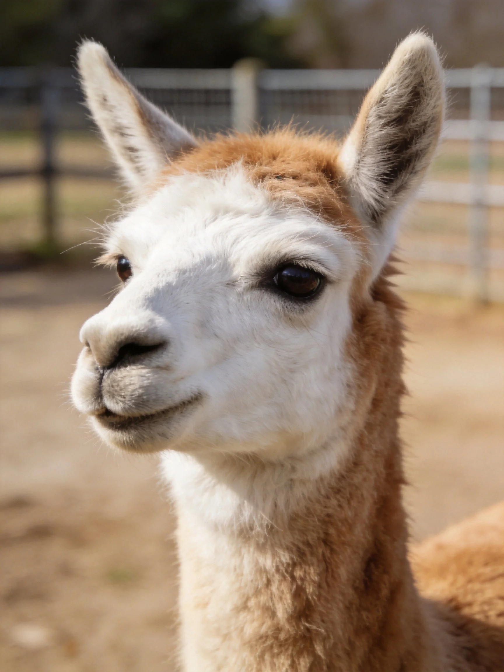 A close - up of a brown and white llama in an outdoor enclosure