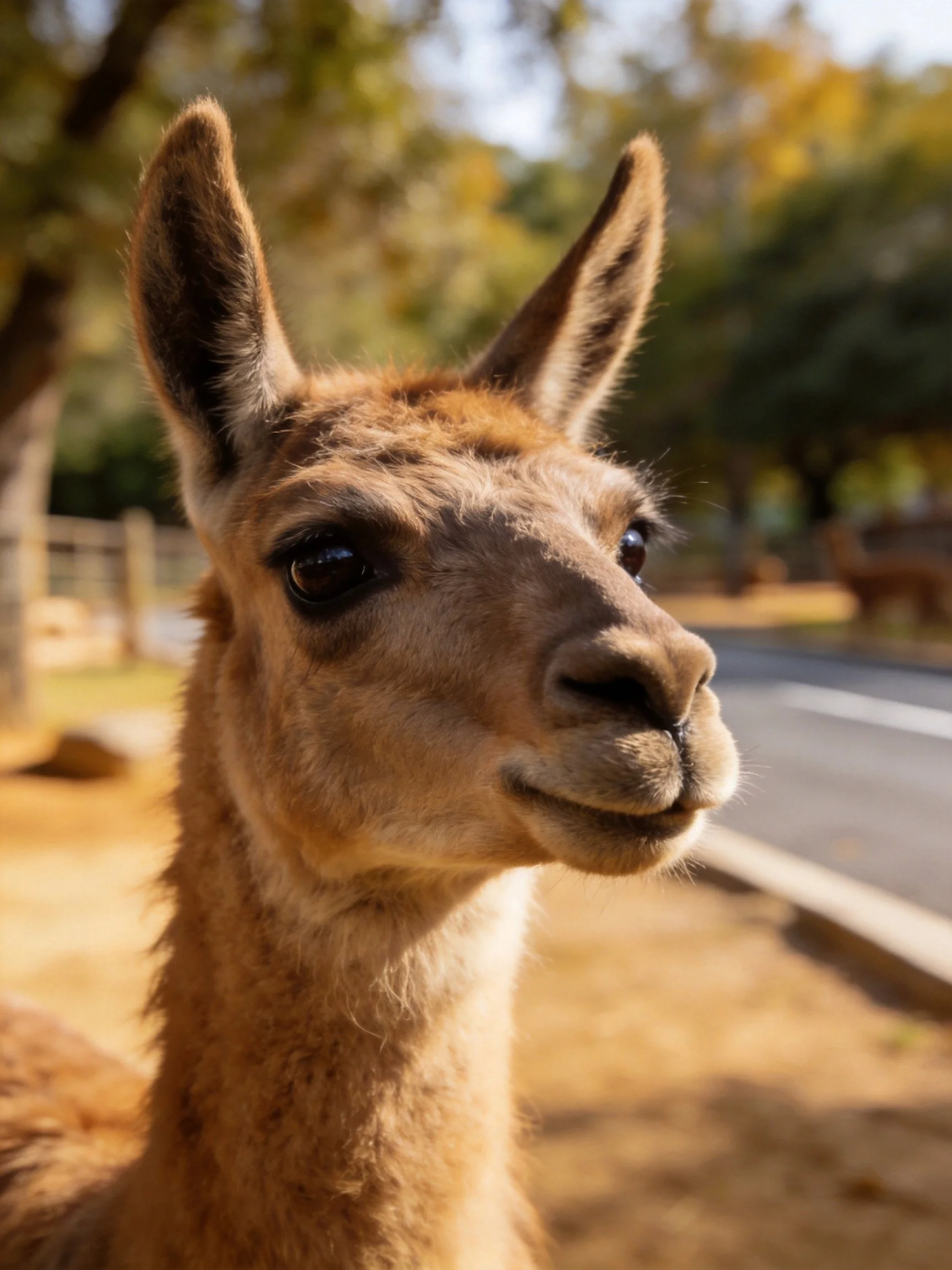 A close - up of a brown llama with large ears near a road