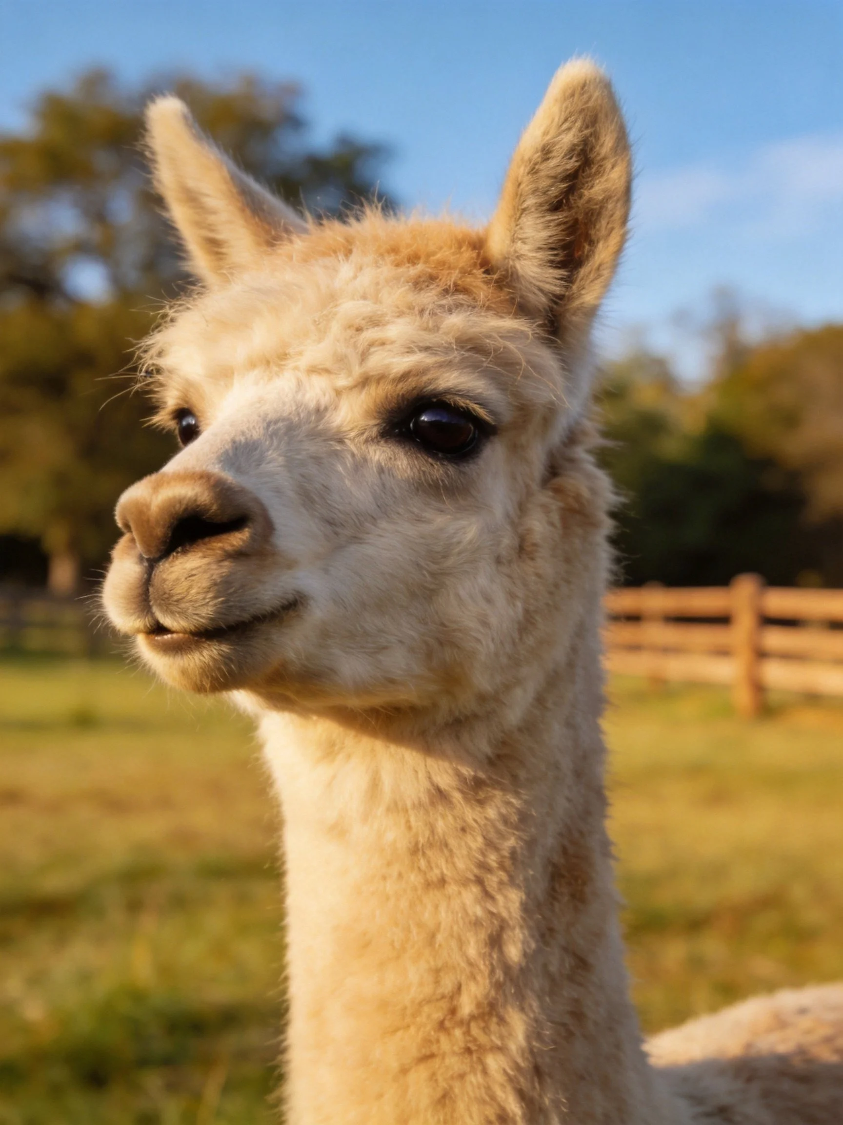 A close - up of a cream - hued alpaca in a sunlit pasture