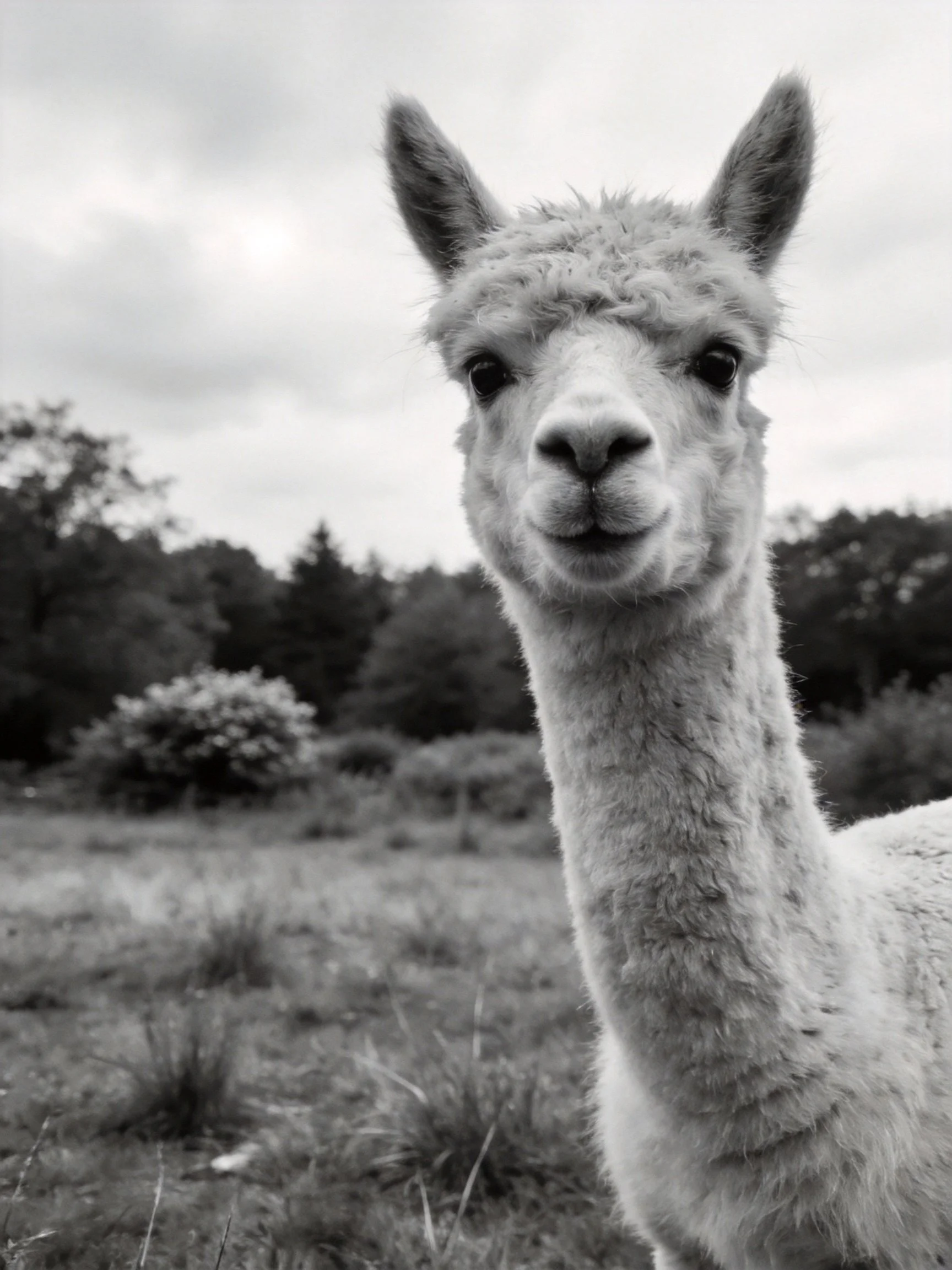 A close - up of a fluffy alpaca in a monochrome natural landscape
