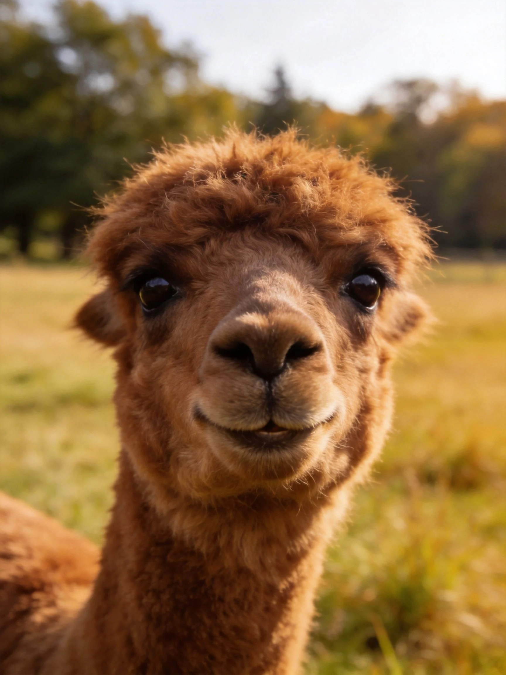 A close - up of a fluffy brown alpaca in a sunlit field