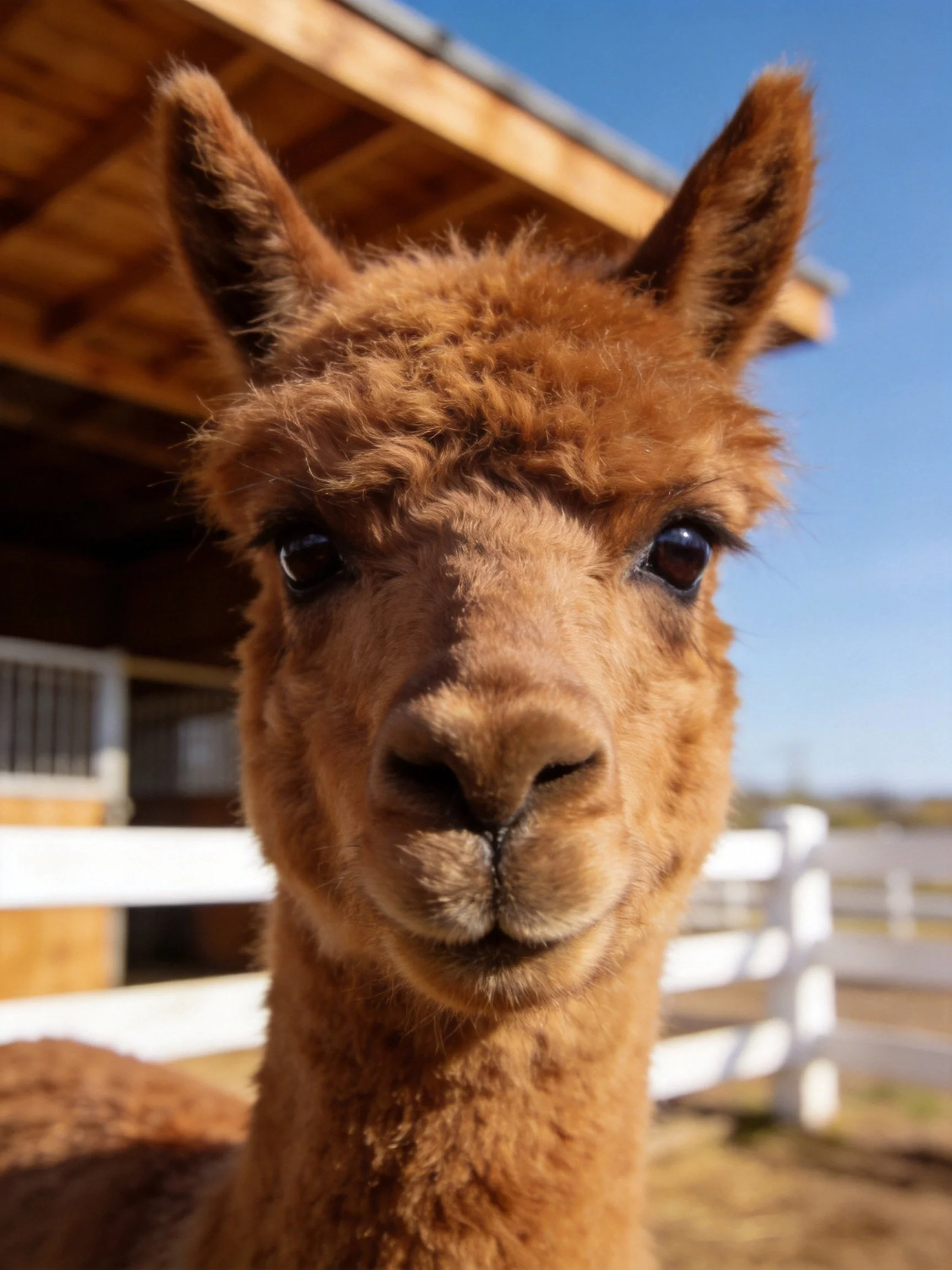 A close-up of a fluffy brown alpaca near a wooden shelter