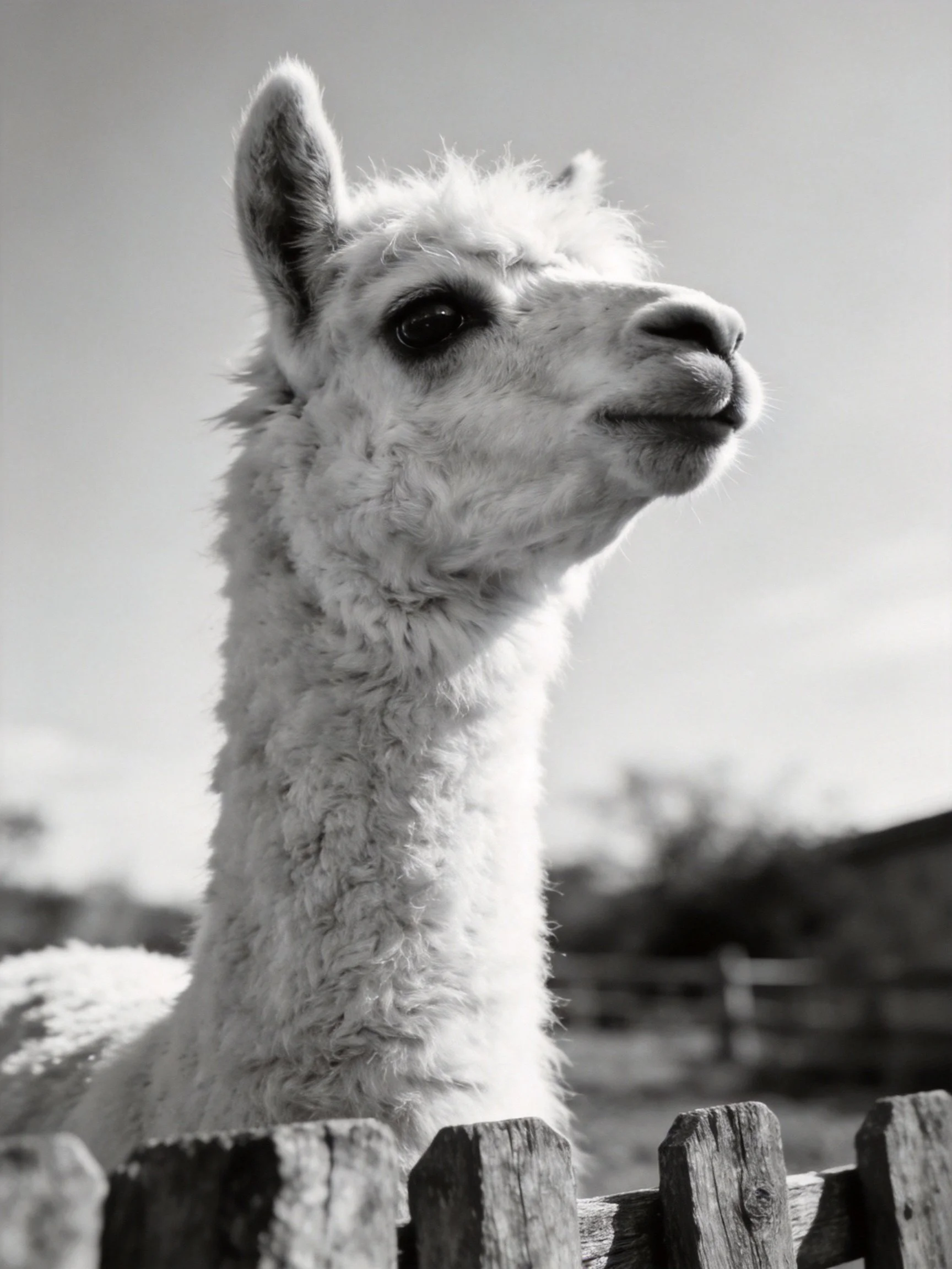 A close - up of a fluffy llama behind a wooden fence in black and white