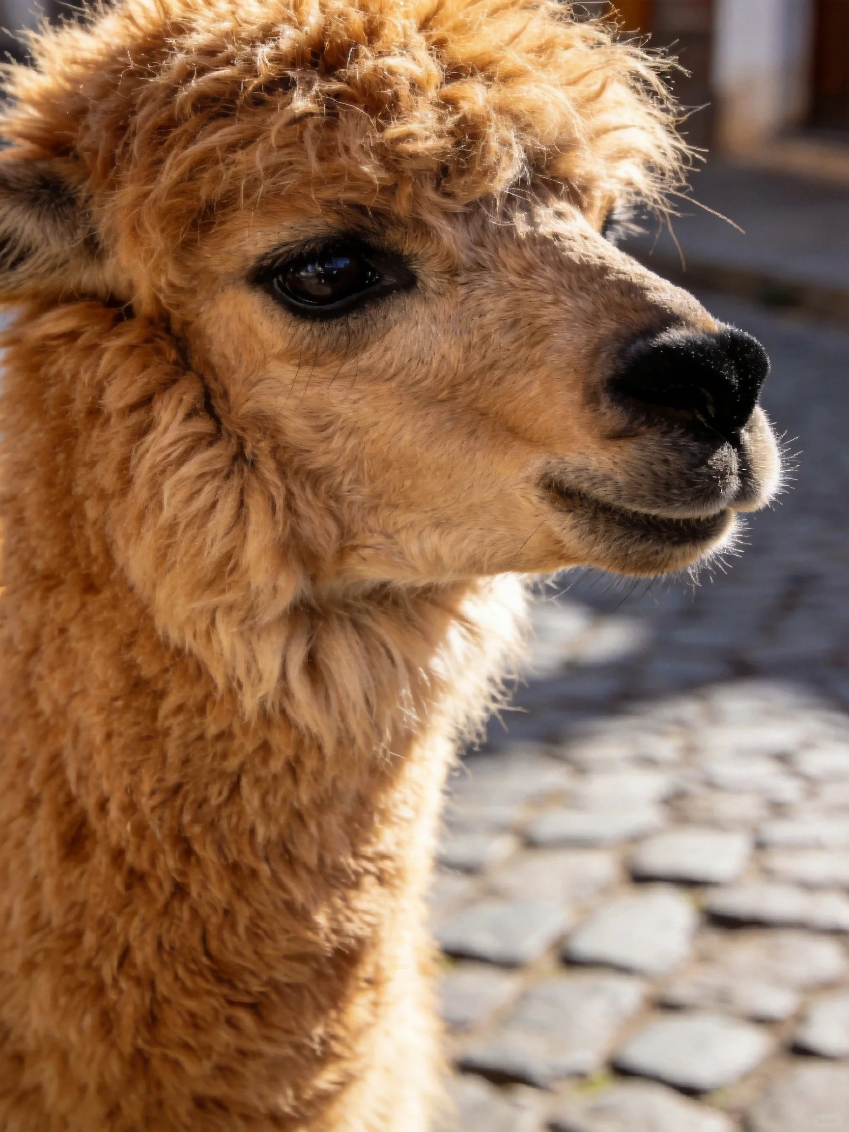 A close-up of a fluffy tan alpaca with curly, thick fur