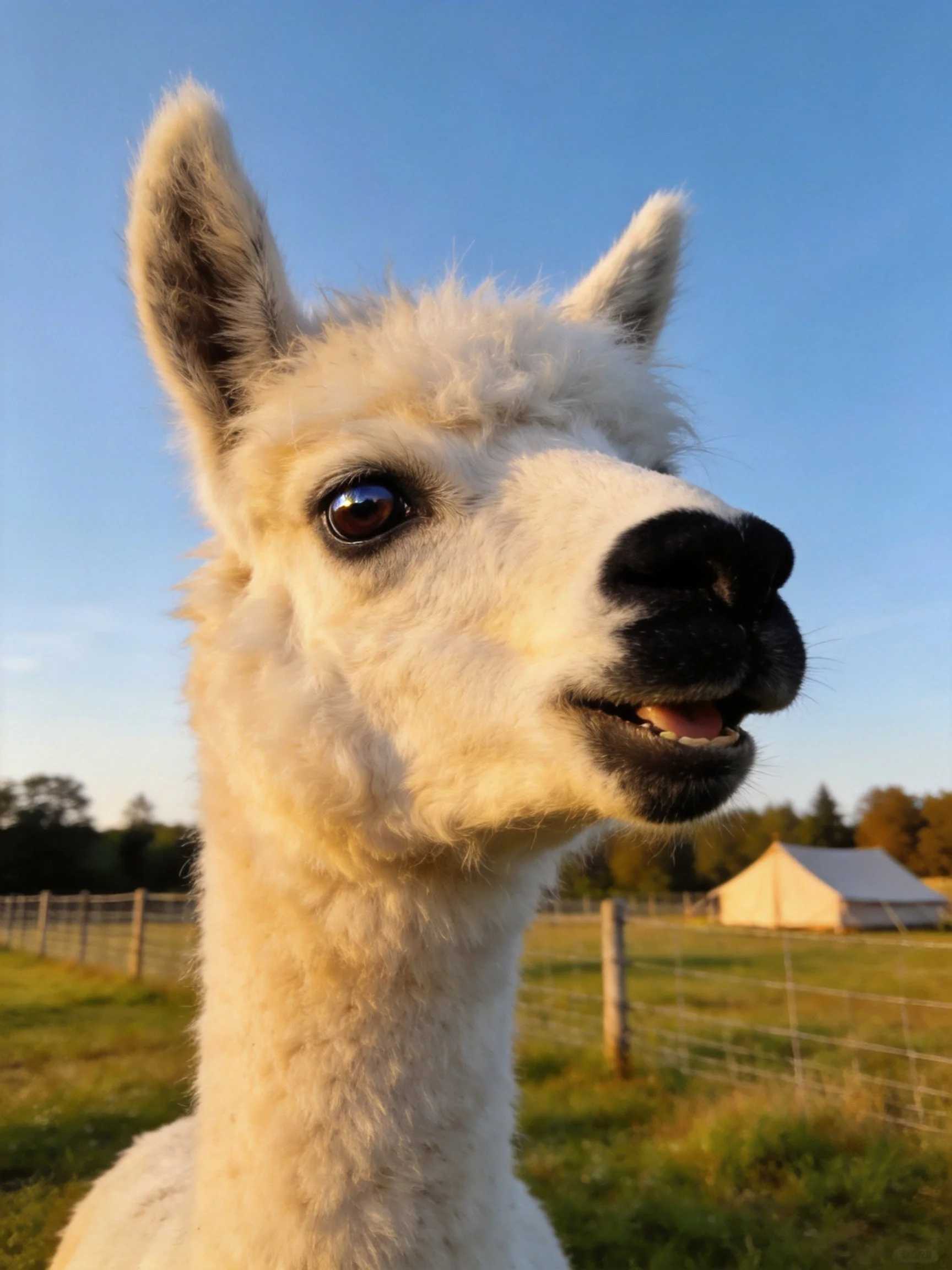 A close - up of a fluffy white alpaca in a sunlit farm landscape