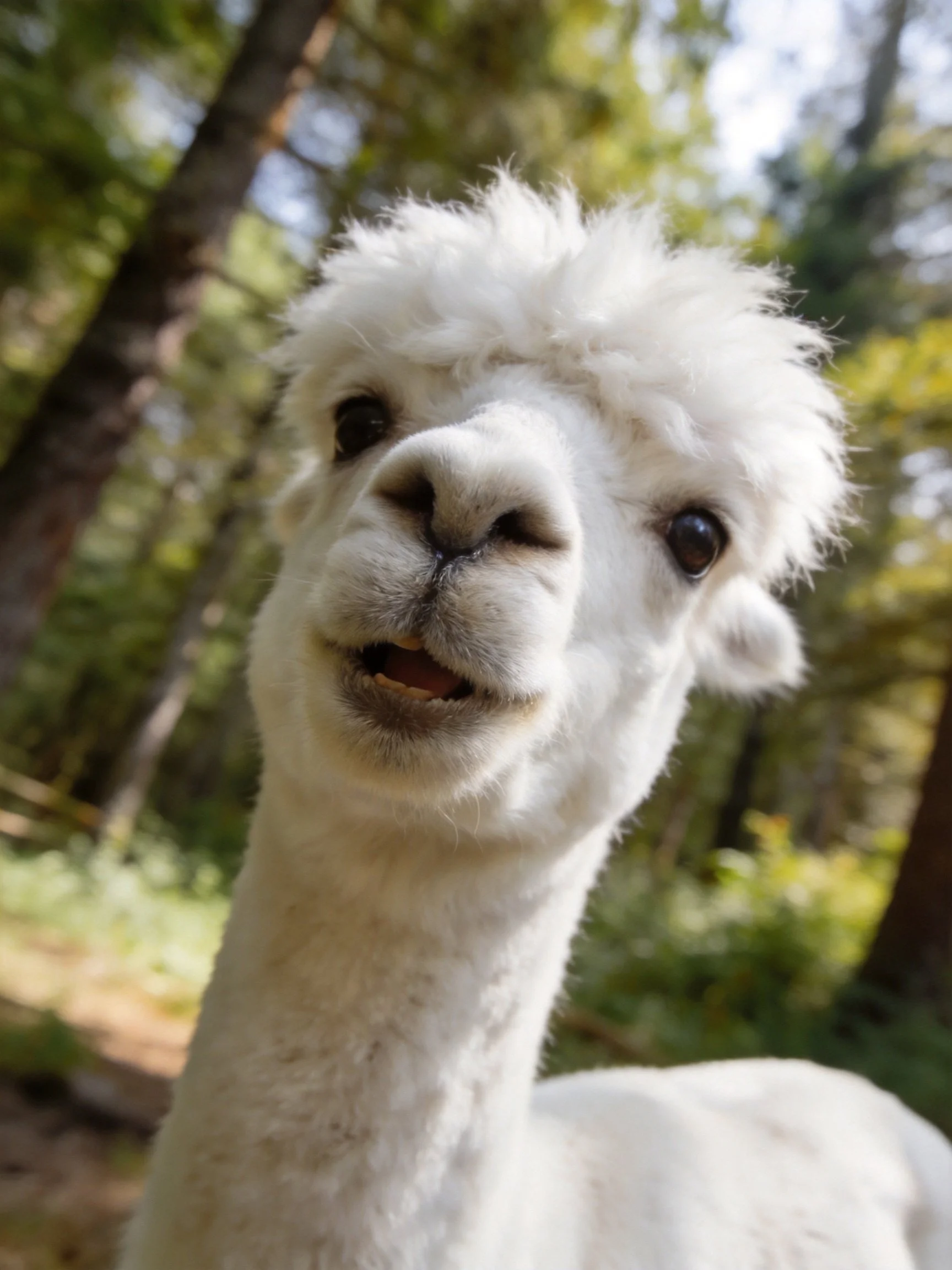 A close - up of a fluffy white alpaca in a sunlit forest