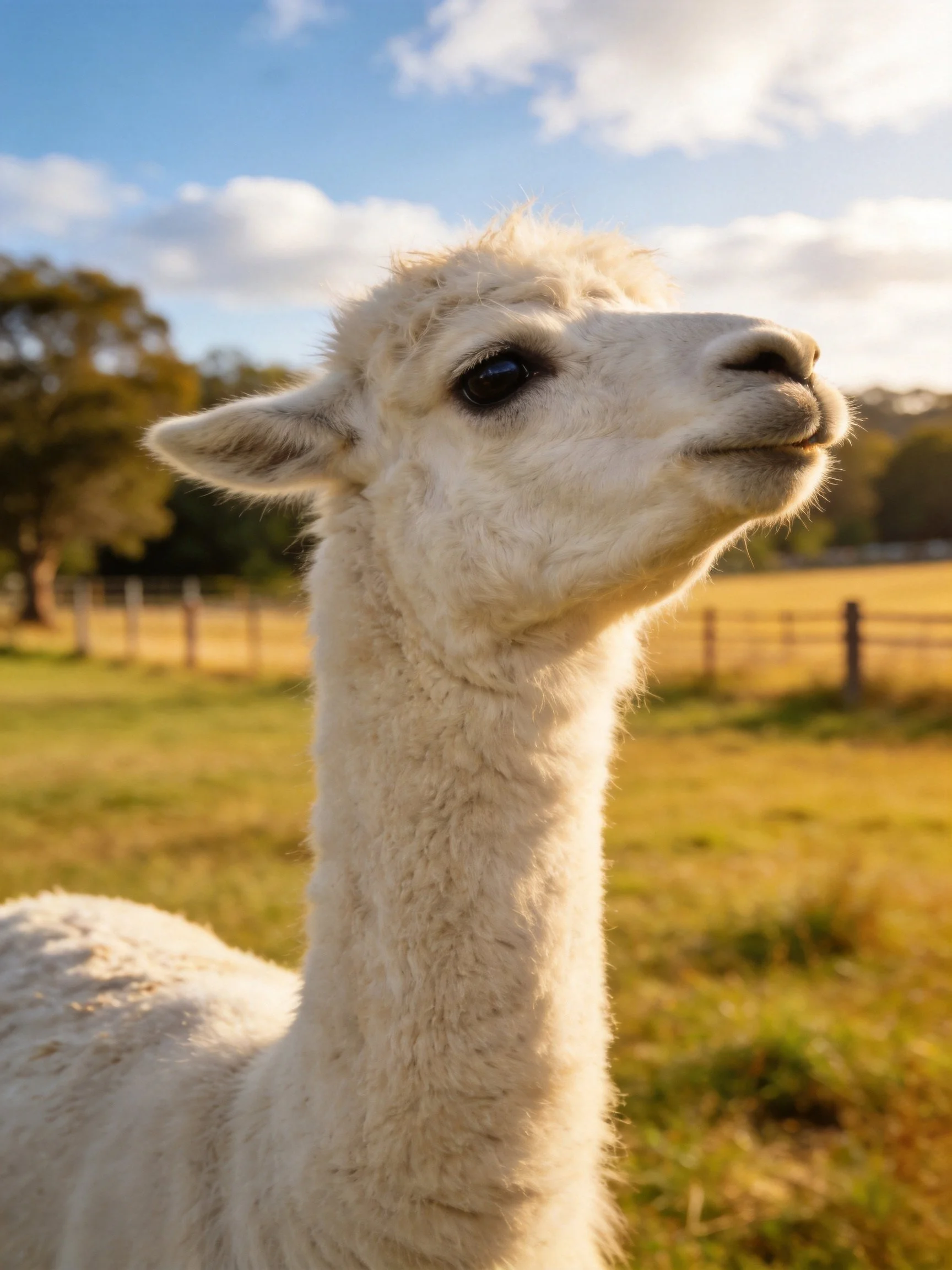A close - up of a fluffy white alpaca in a sunlit pasture