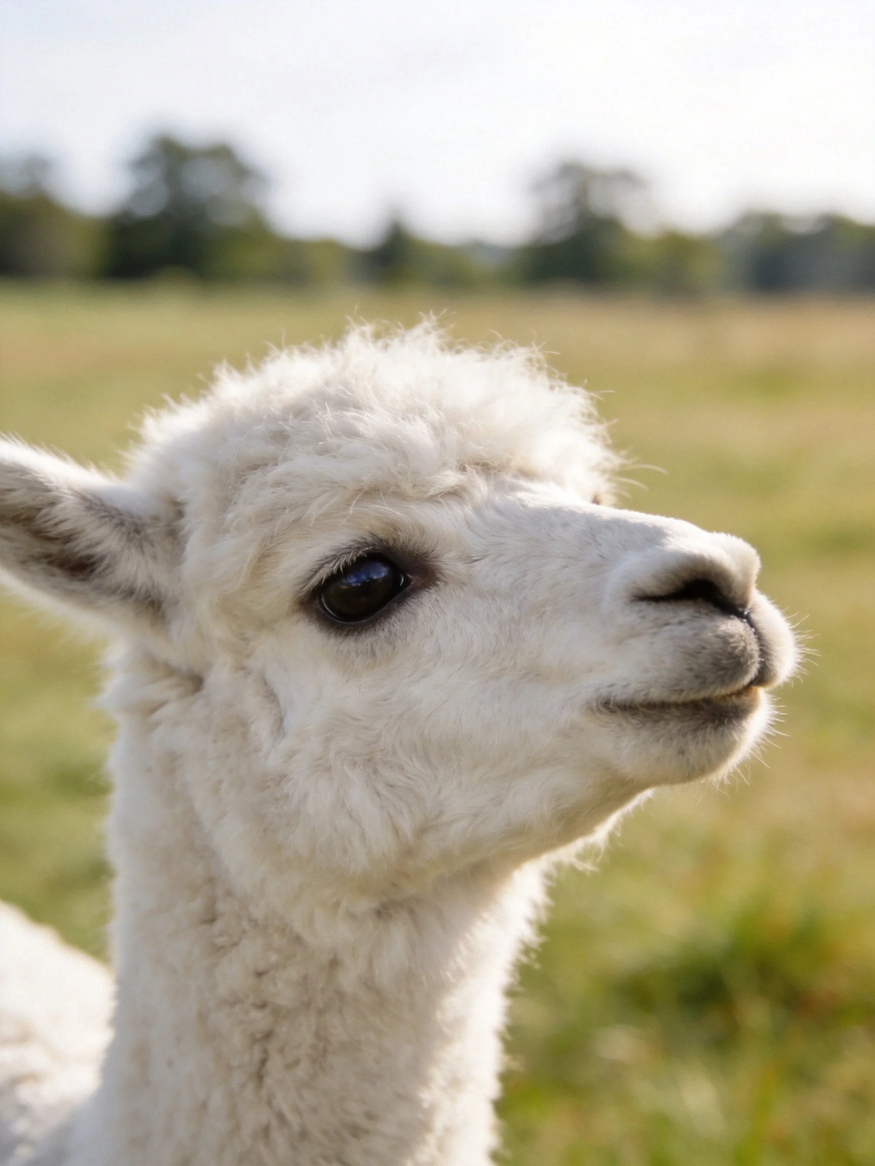 A close - up of a fluffy white alpaca in a sunny field