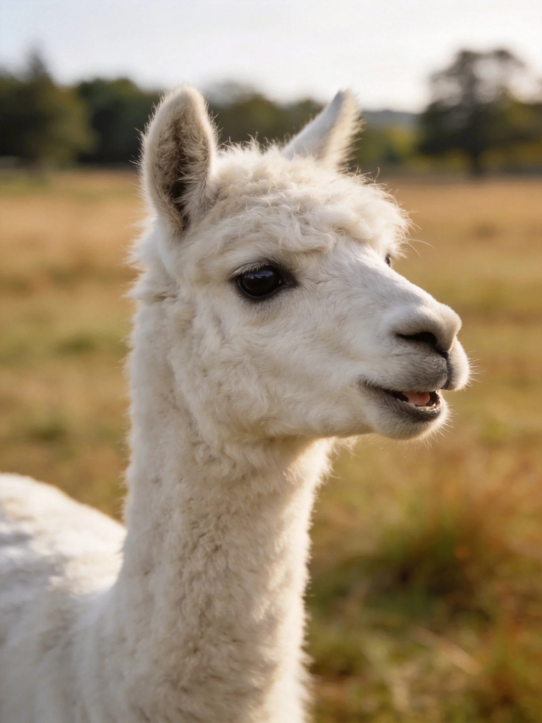 A close - up of a fluffy white alpaca in an open field