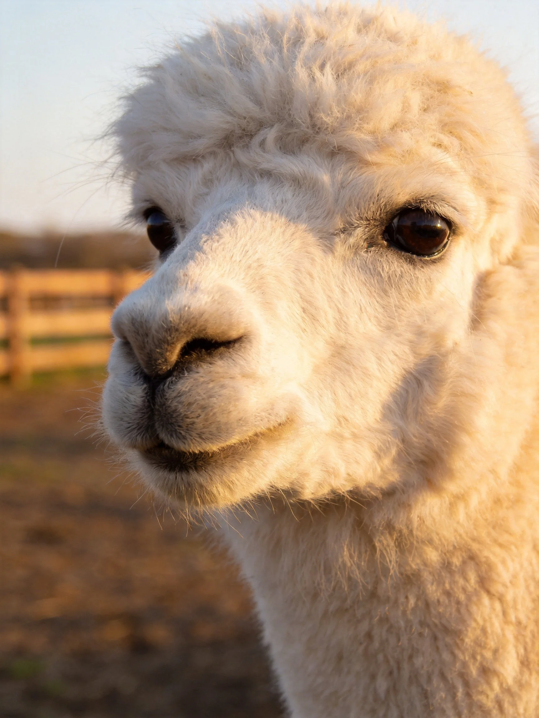 A fluffy white alpaca stands near a wooden fence in a farm setting.