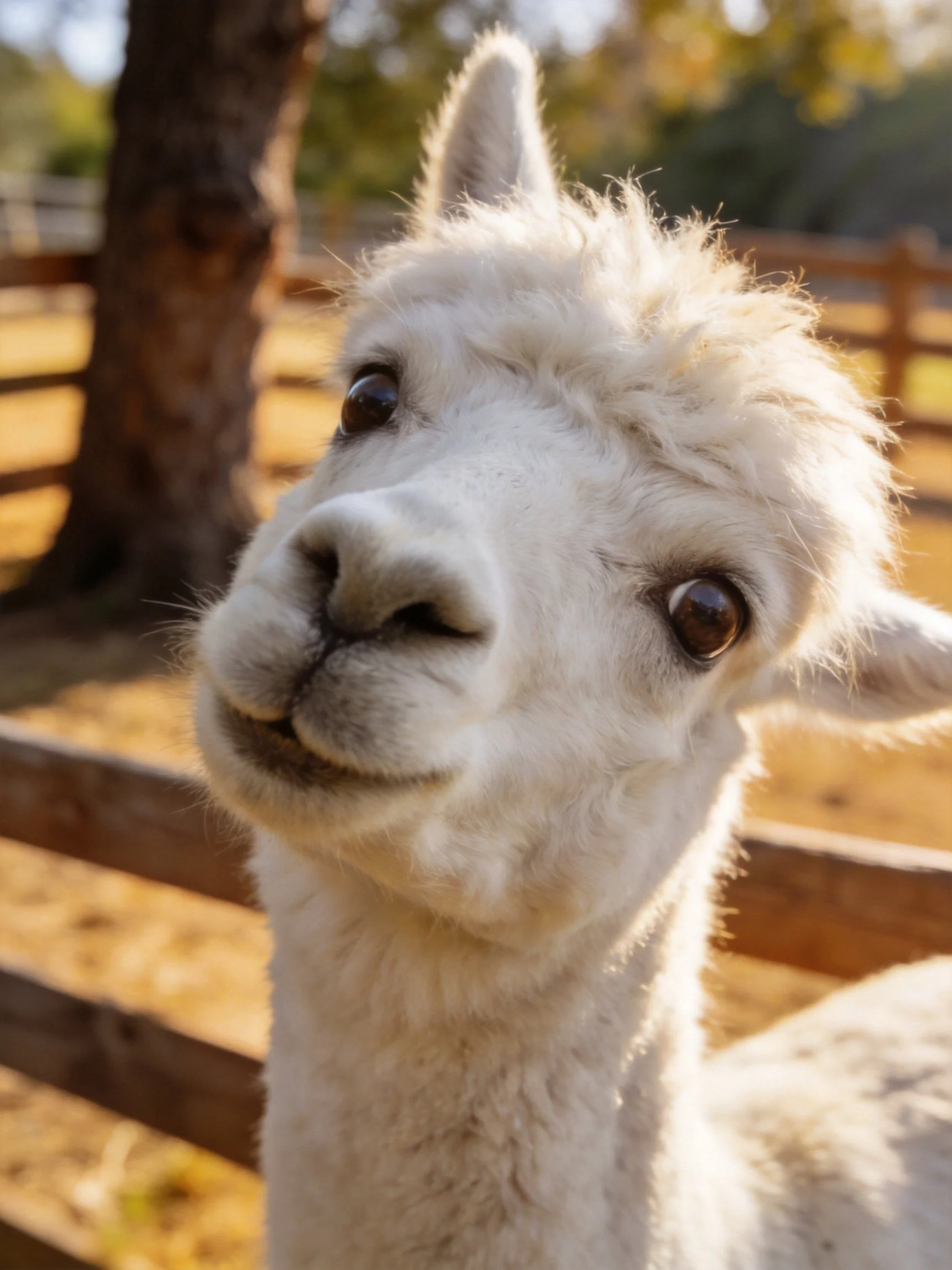 A close - up of a fluffy white alpaca near wooden fences