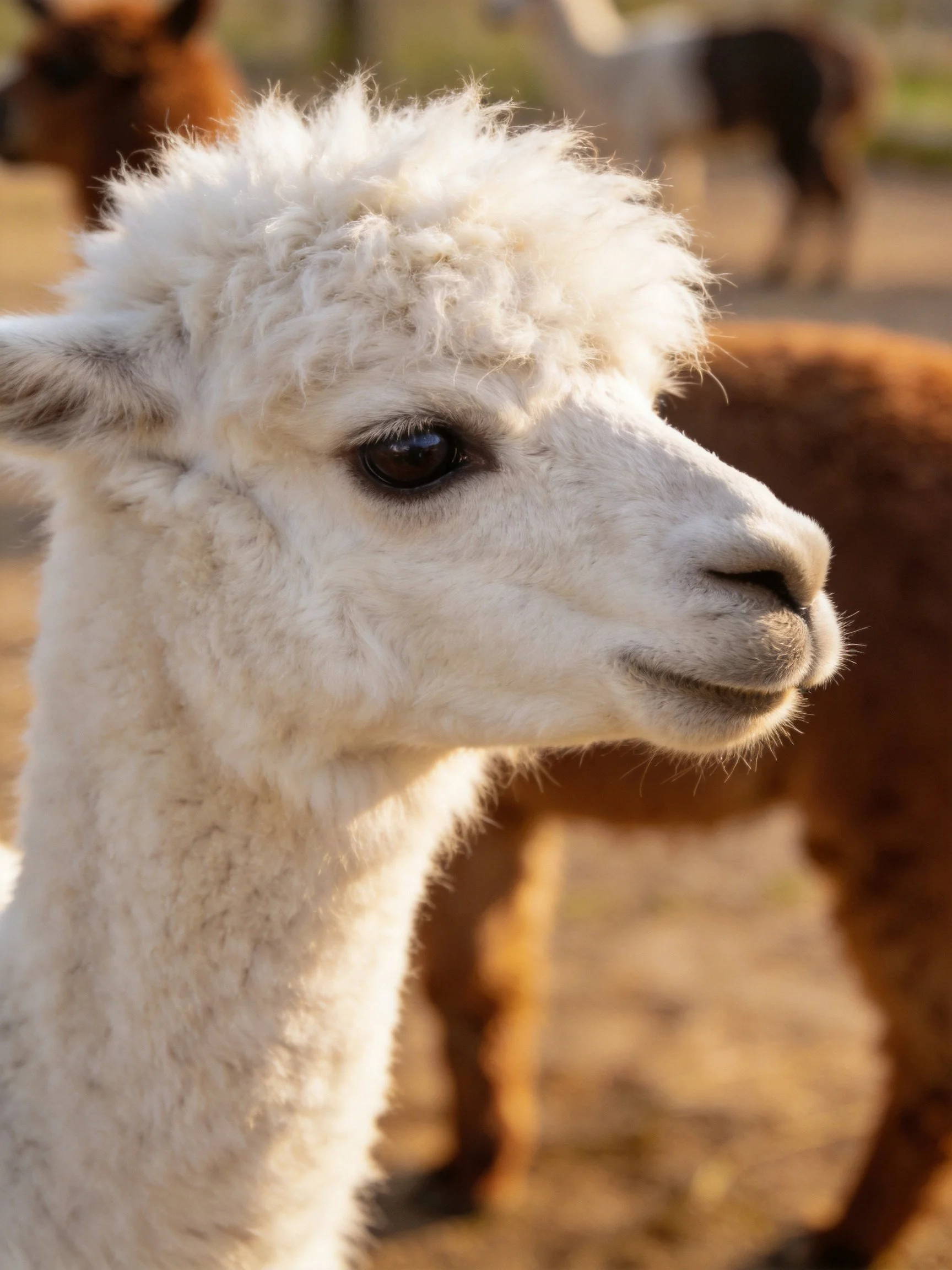 A close - up of a fluffy white alpaca among other alpacas.