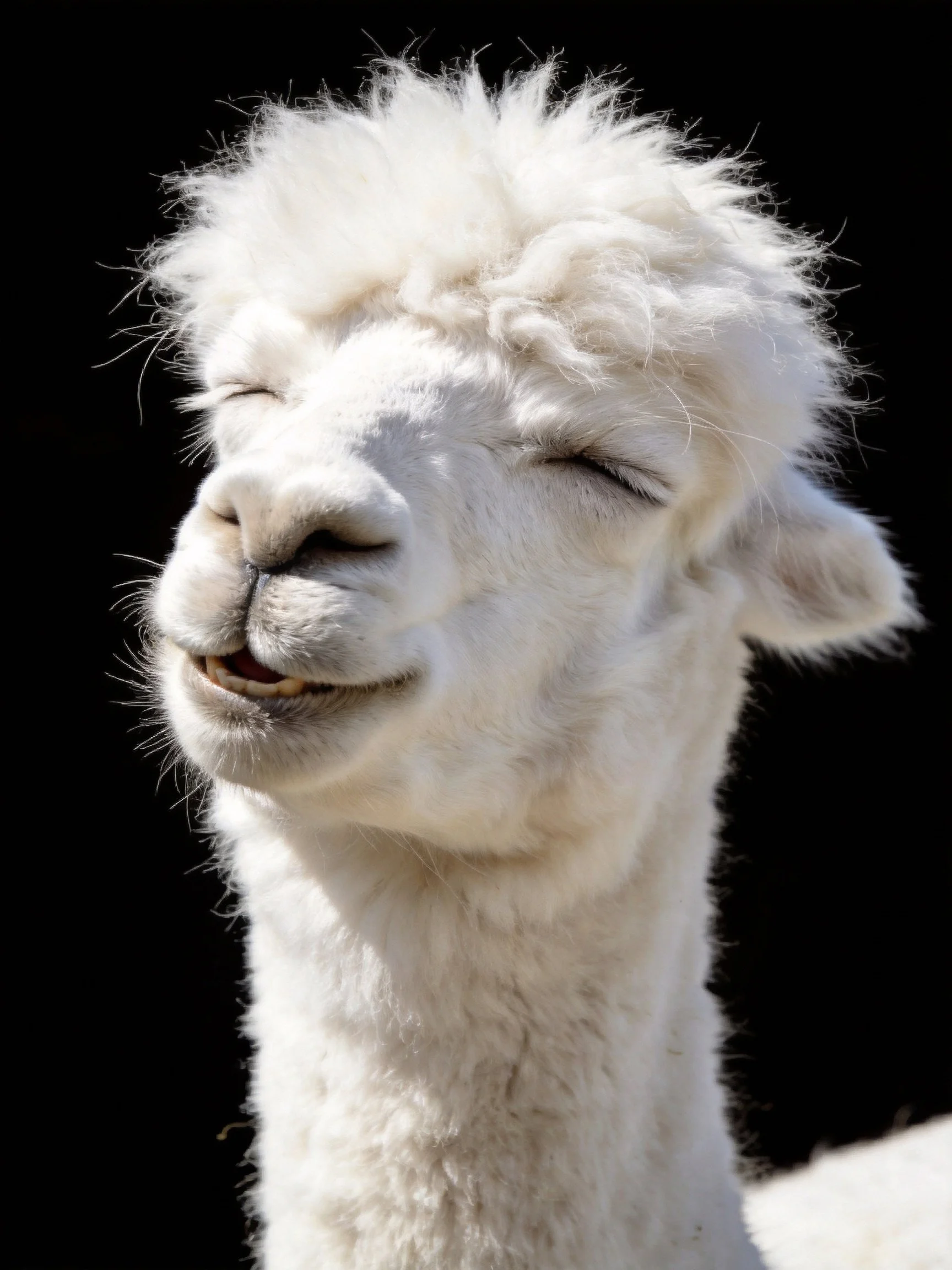 A fluffy white alpaca with closed eyes seems relaxed.