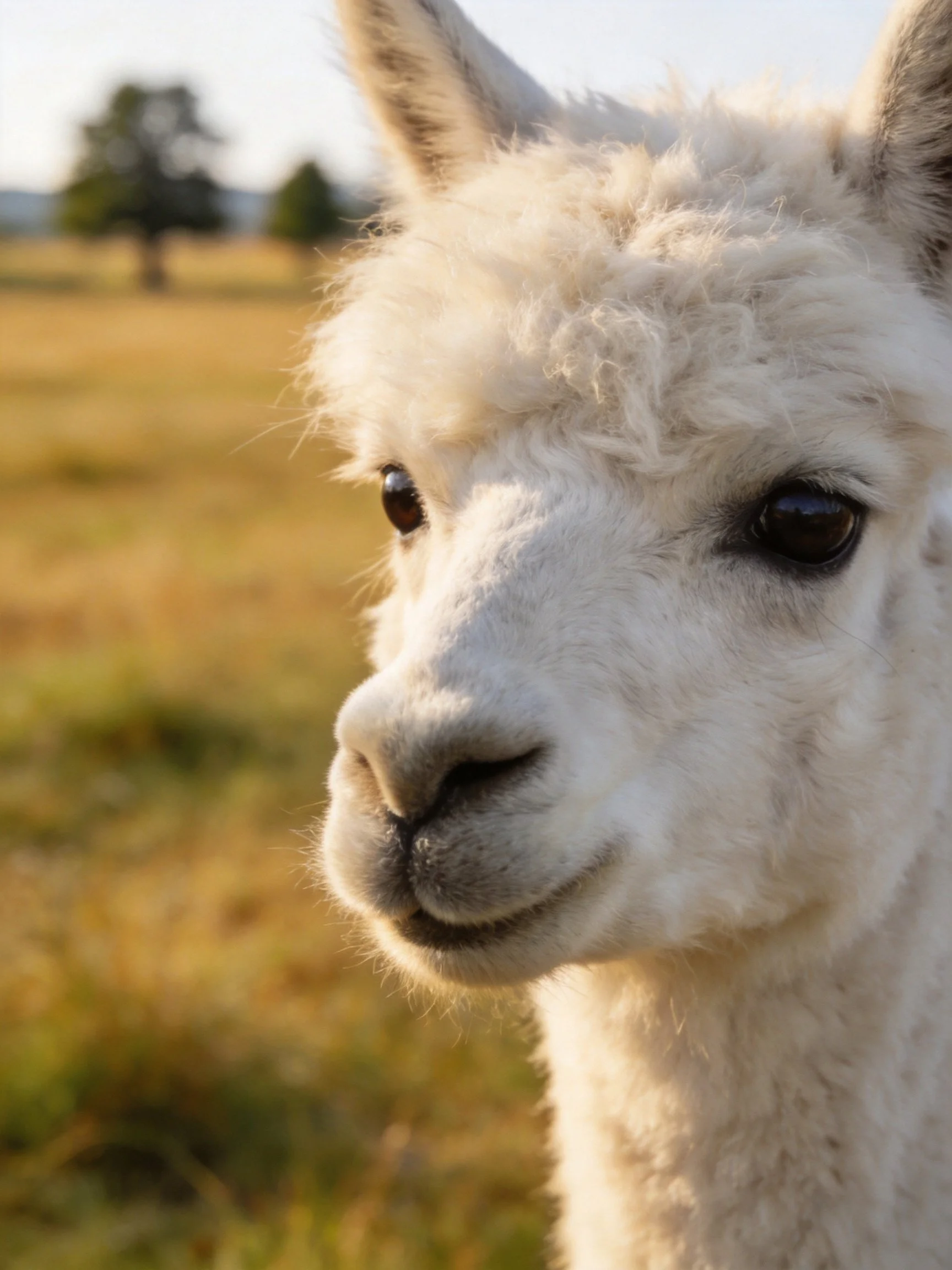 A close - up of a fluffy white baby alpaca in a sunlit open field