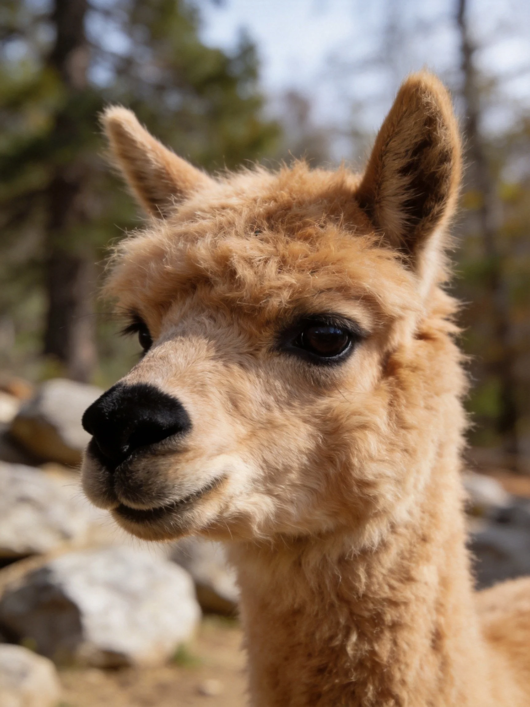A close - up of a light brown alpaca near rocks and trees