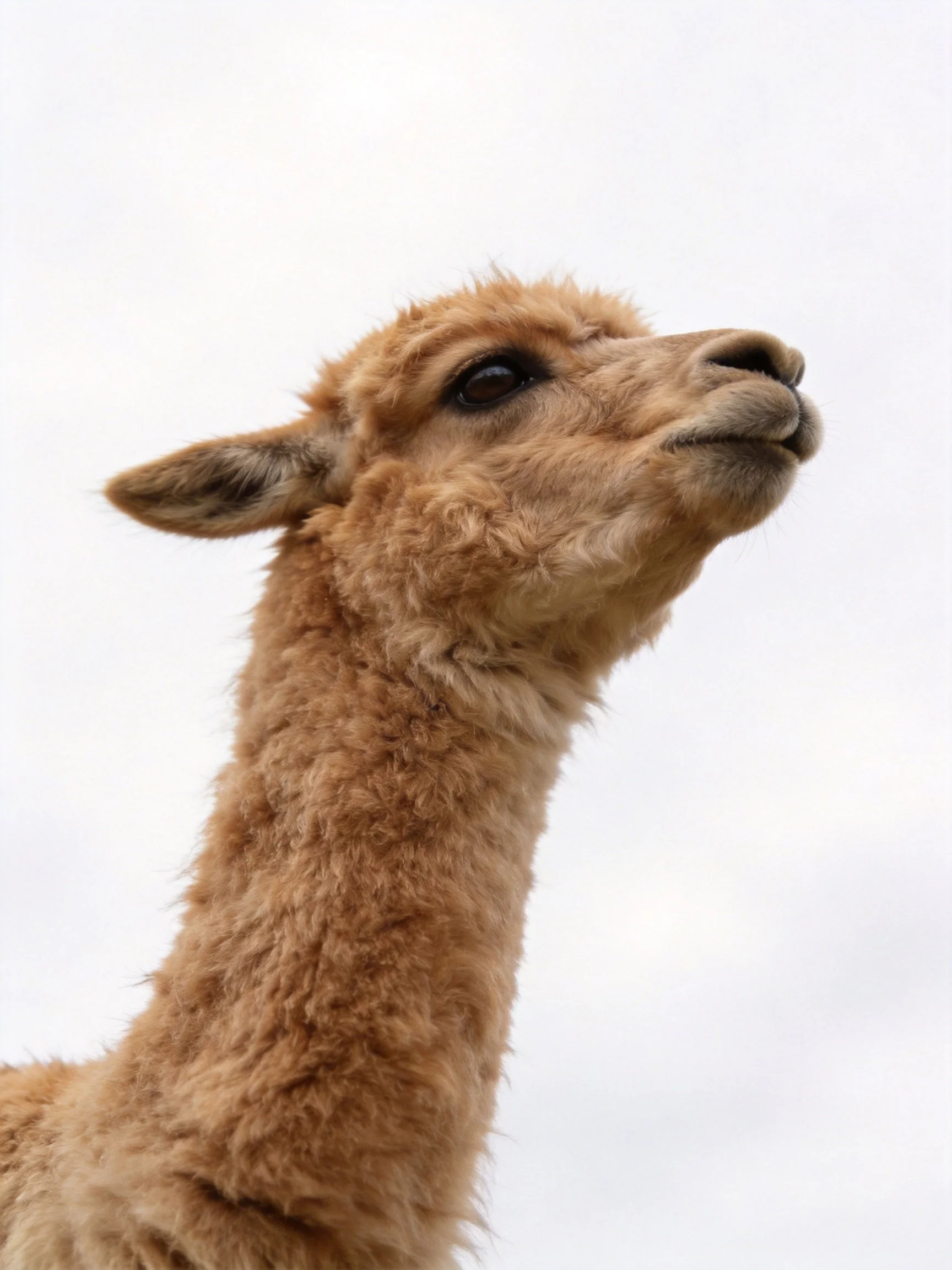 A close - up of a light brown alpaca with curly fur