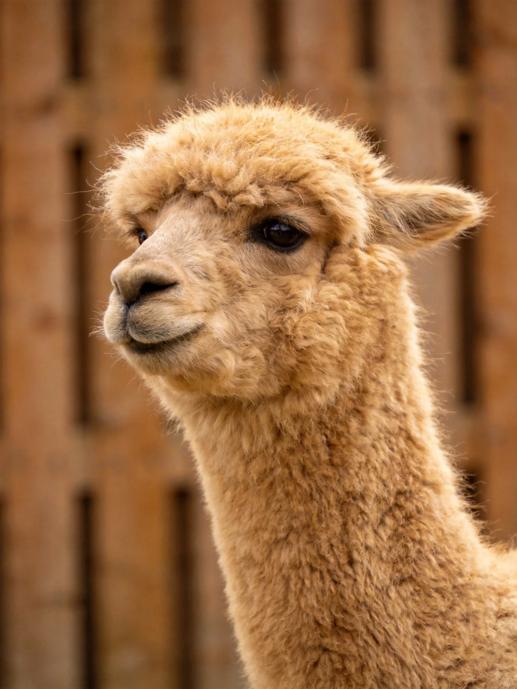 A close - up of a light brown alpaca with soft, curly fur