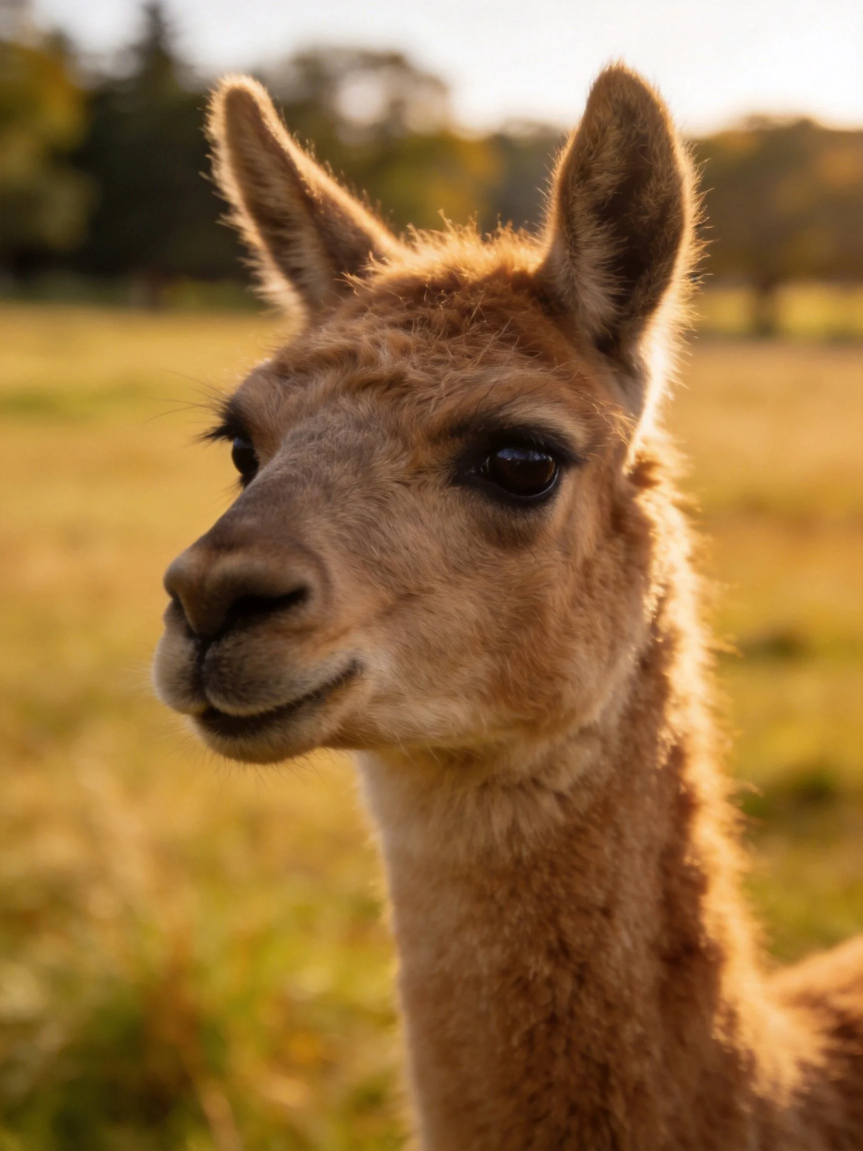 A close - up of a light brown baby llama in a golden field