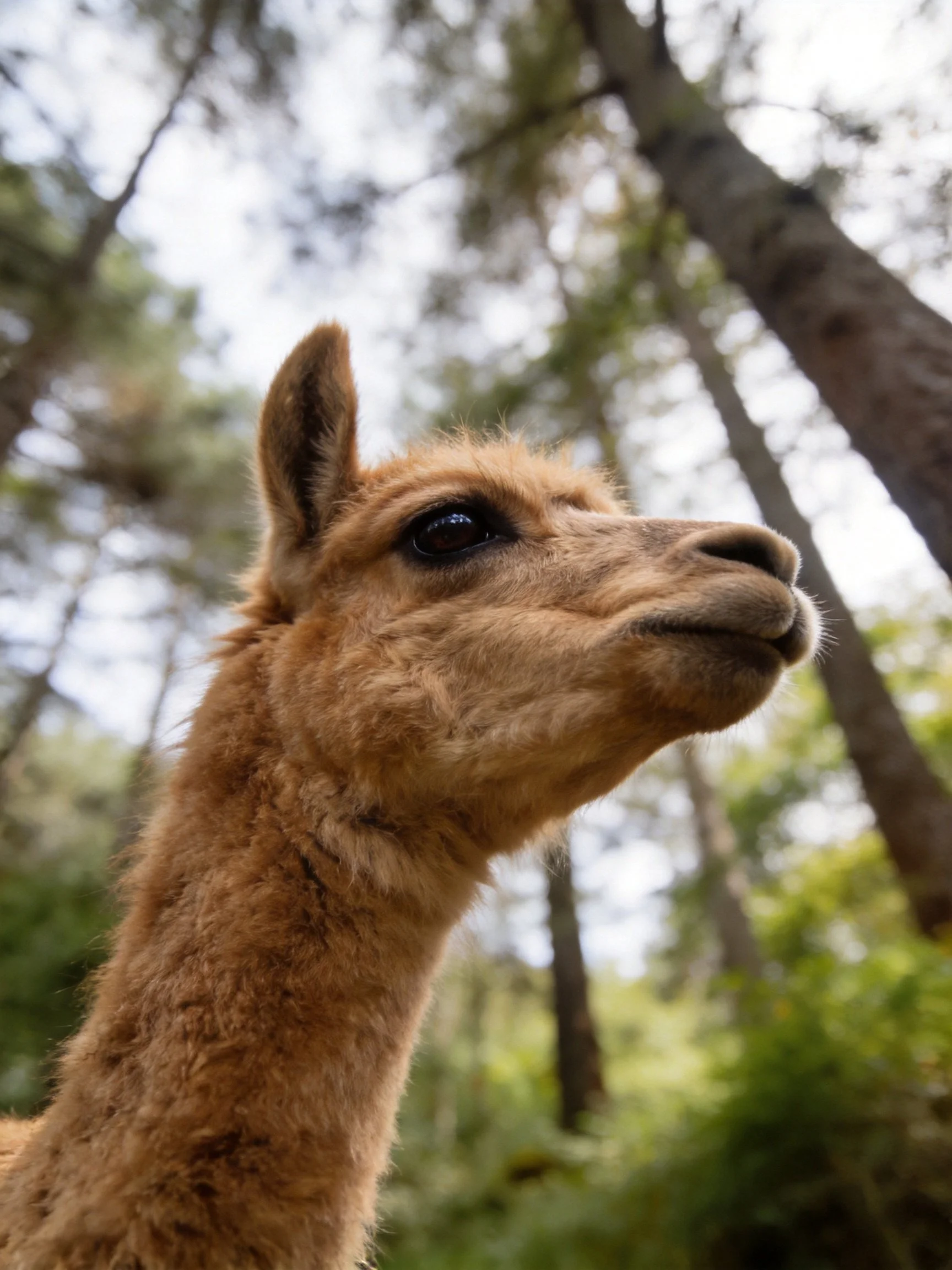 A close - up of a light brown llama against tall forest trees