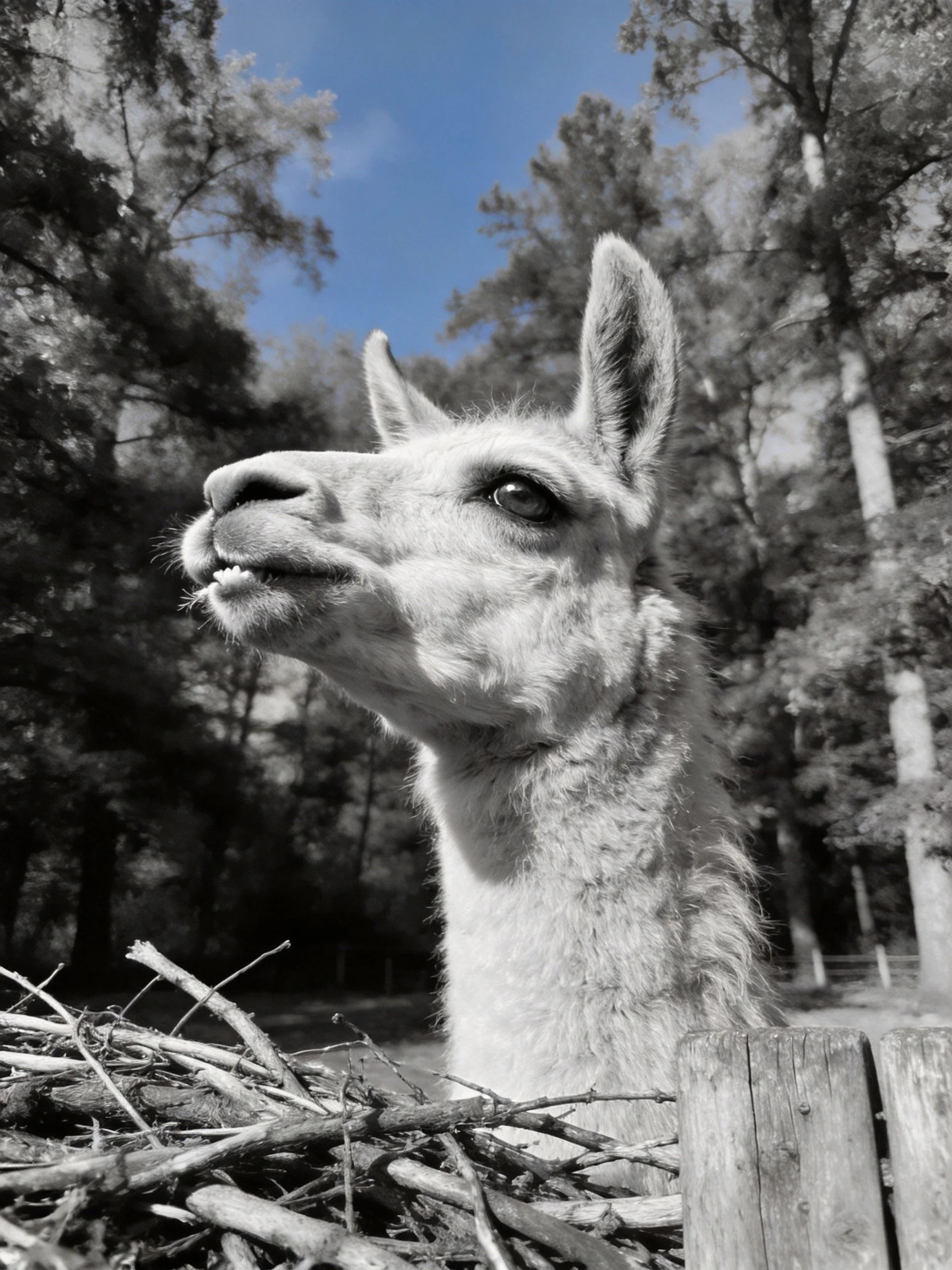 A close-up of a llama with a blue sky backdrop amid forested surroundings