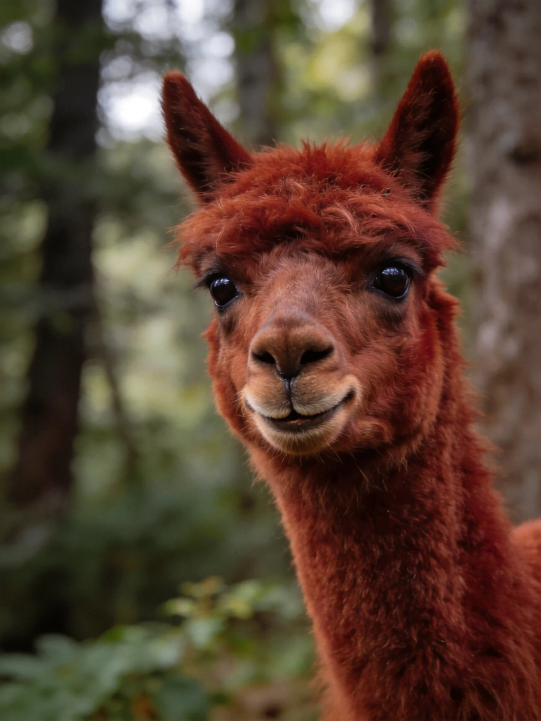 A close - up of a reddish - brown alpaca among forest vegetation
